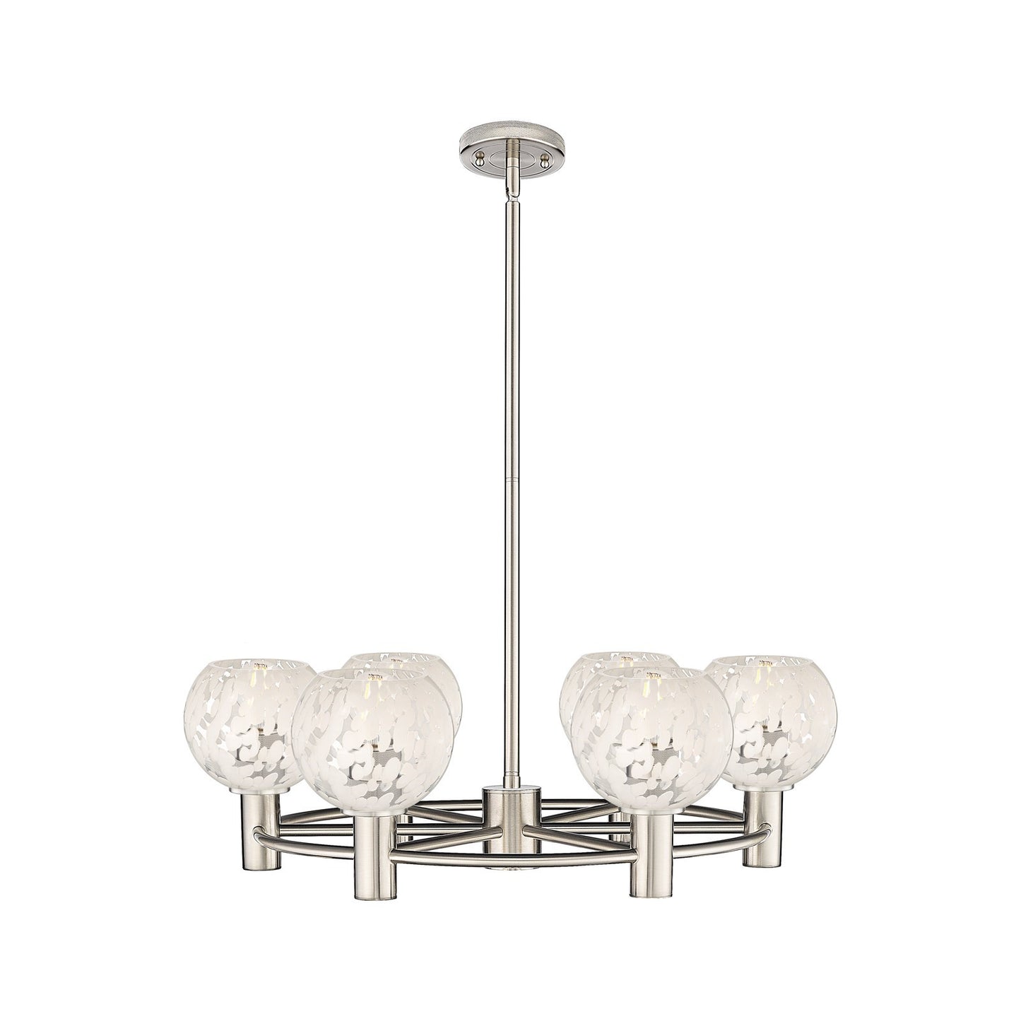 Innovations White Mouchette 26in 6-Light Chandelier | Industrial Satin Nickel and White Mouchette Glass | Dining Room | Model 434-6CR-SN-G1216-6WM