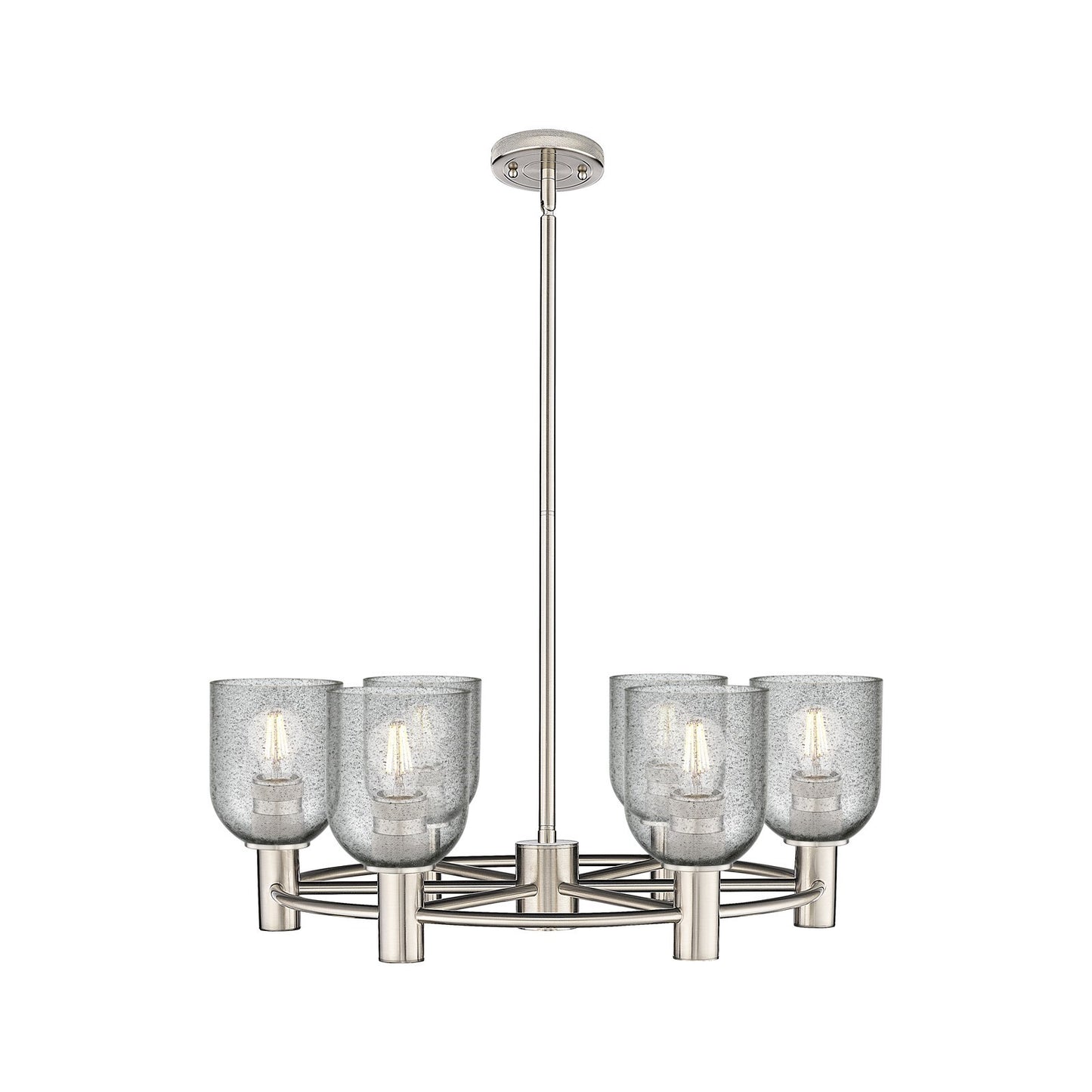 Innovations Caledonia 25in 6-Light Chandelier | Industrial Satin Nickel and Charcoal Glass | Dining Room & Kitchen Island | Model 434-6CR-SN-G257