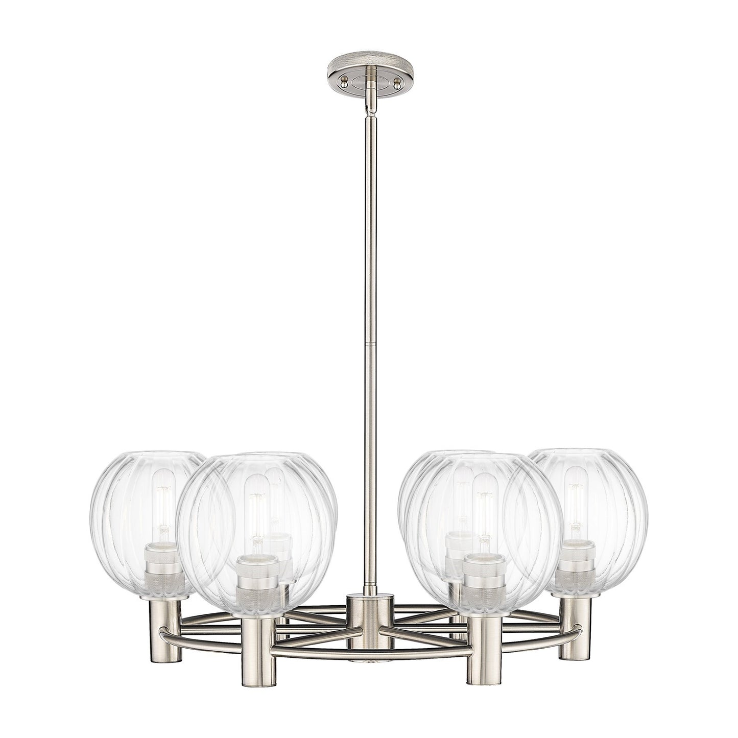 Innovations Preston Globe 27in 6-Light Chandelier | Industrial Satin Nickel and Clear Glass | Kitchen Island & Dining | Model 434-6CR-SN-G458-7CL