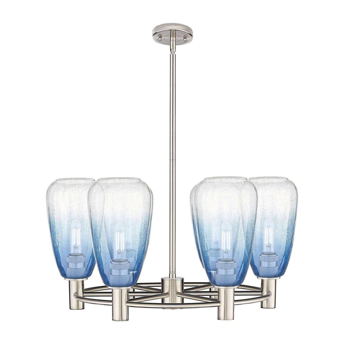 Innovations Brookhaven Almond 26in 6-Light Chandelier | Industrial Satin Nickel and Sapphire Blue Glass | Dining Room | Model 434-6CR-SN-G480-6SB
