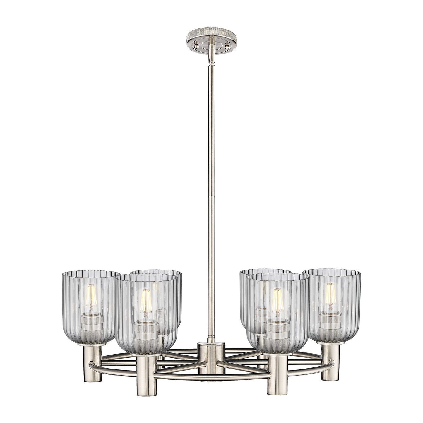 Innovations Crown Point 25in 6-Light Chandelier | Industrial Satin Nickel and Light Smoke Glass | Dining Room & Kitchen | Model 434-6CR-SN-G559-5SM