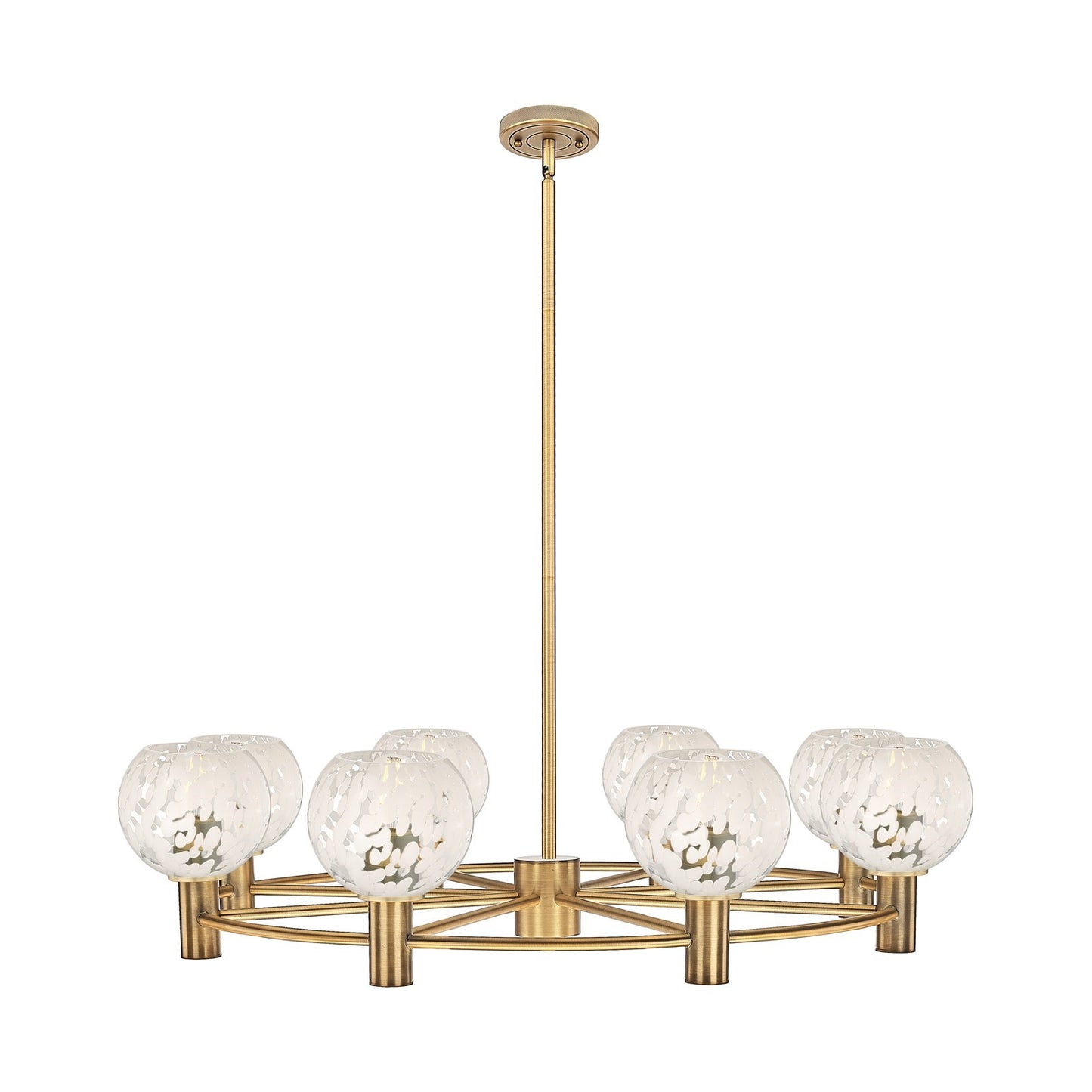 Innovations White Mouchette 36in 8-Light Chandelier | Industrial Brushed Brass and White Glass | Dining Room & Kitchen | Model 434-8CR-BB-G1216-6WM