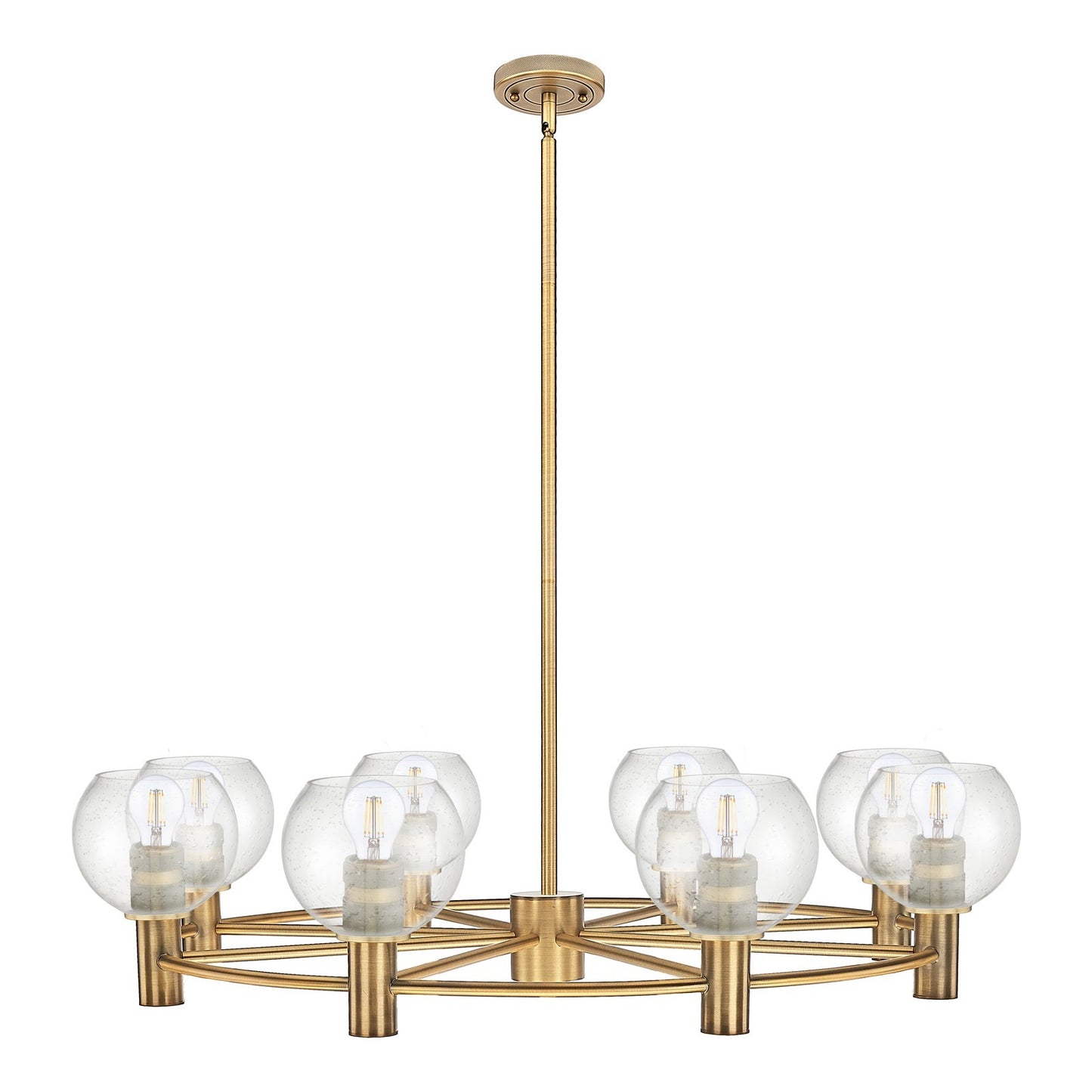 Innovations Crown Point 36in 8-Light Chandelier | Industrial Brushed Brass and Seedy Glass | Dining Room & Kitchen Island | Model 434-8CR-BB-G124-6