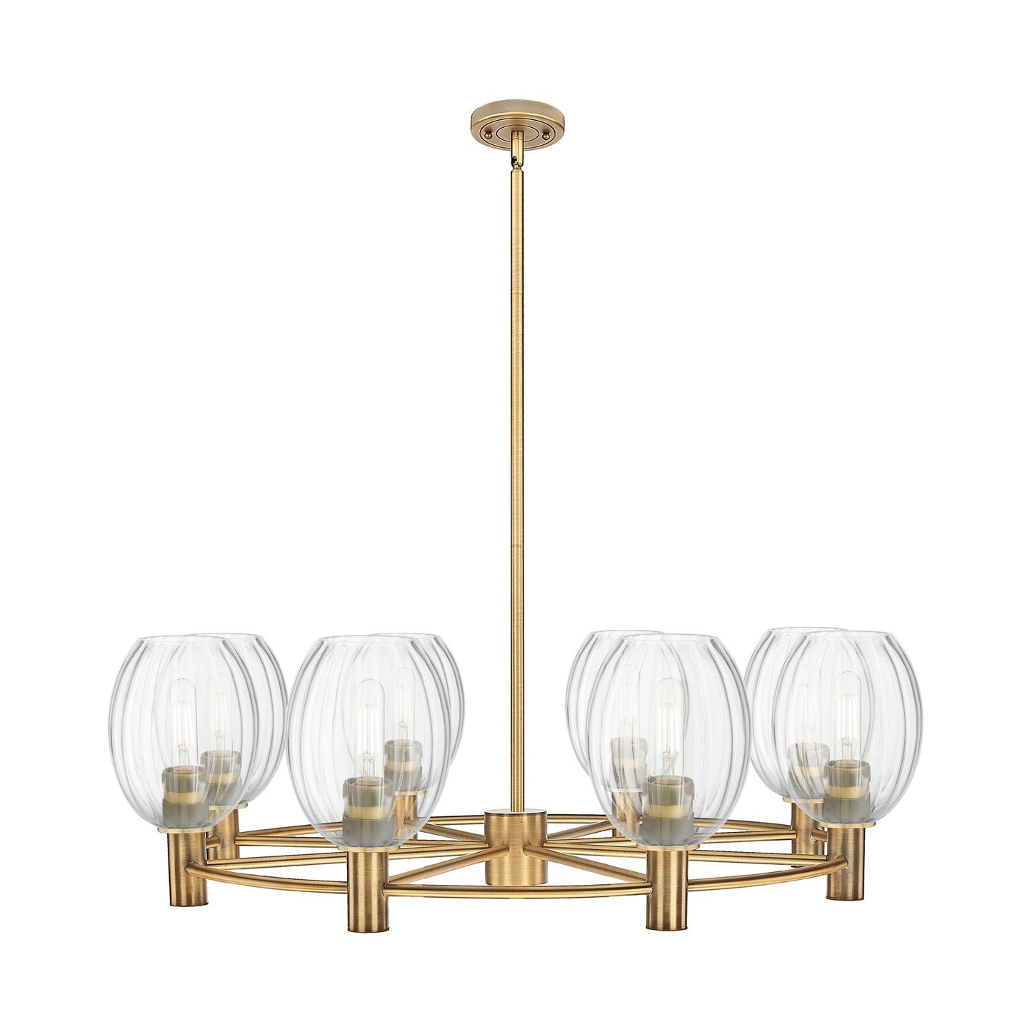 Innovations Preston Bulb 36in 8-Light Chandelier | Industrial Brushed Brass and Clear Glass | Kitchen Island & Dining | Model 434-8CR-BB-G459-6CL