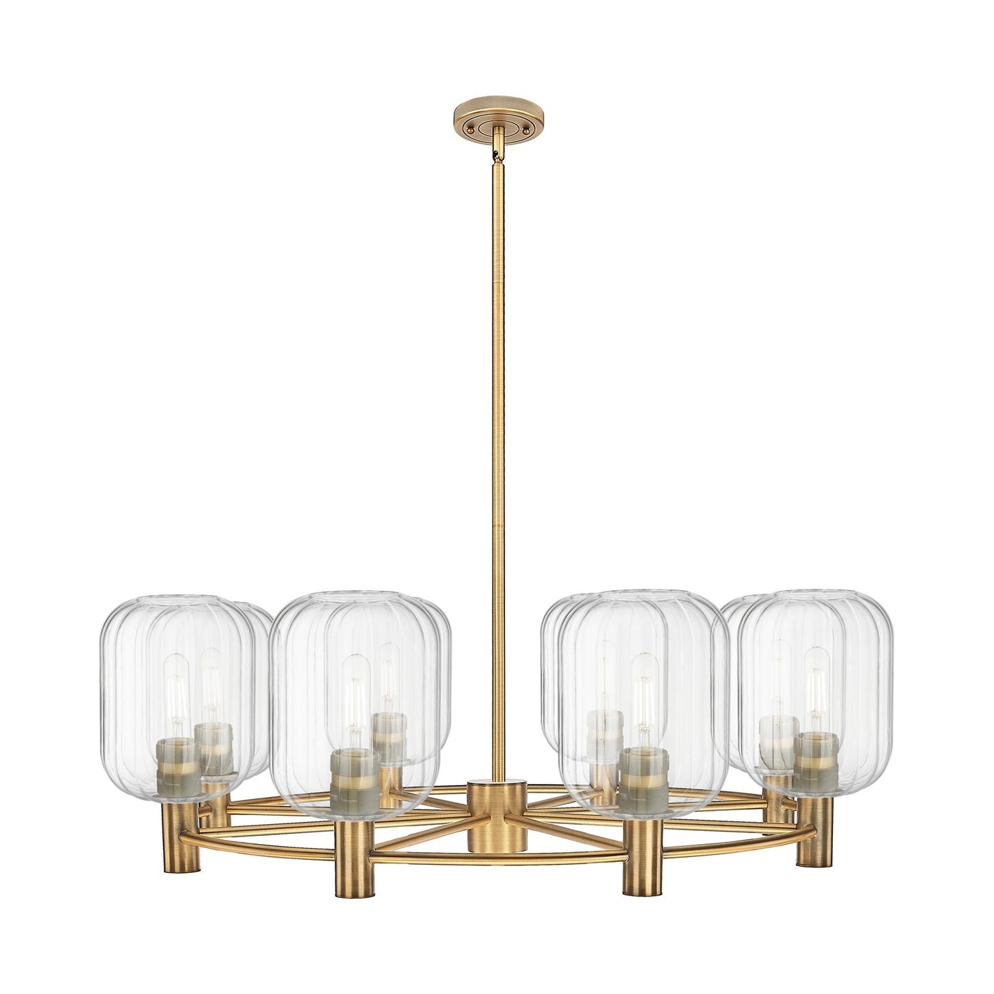 Innovations Preston Cylinder 36in 8-Light Chandelier | Industrial Brushed Brass and Clear Glass | Kitchen Island & Dining | Model 434-8CR-BB-G460-7CL