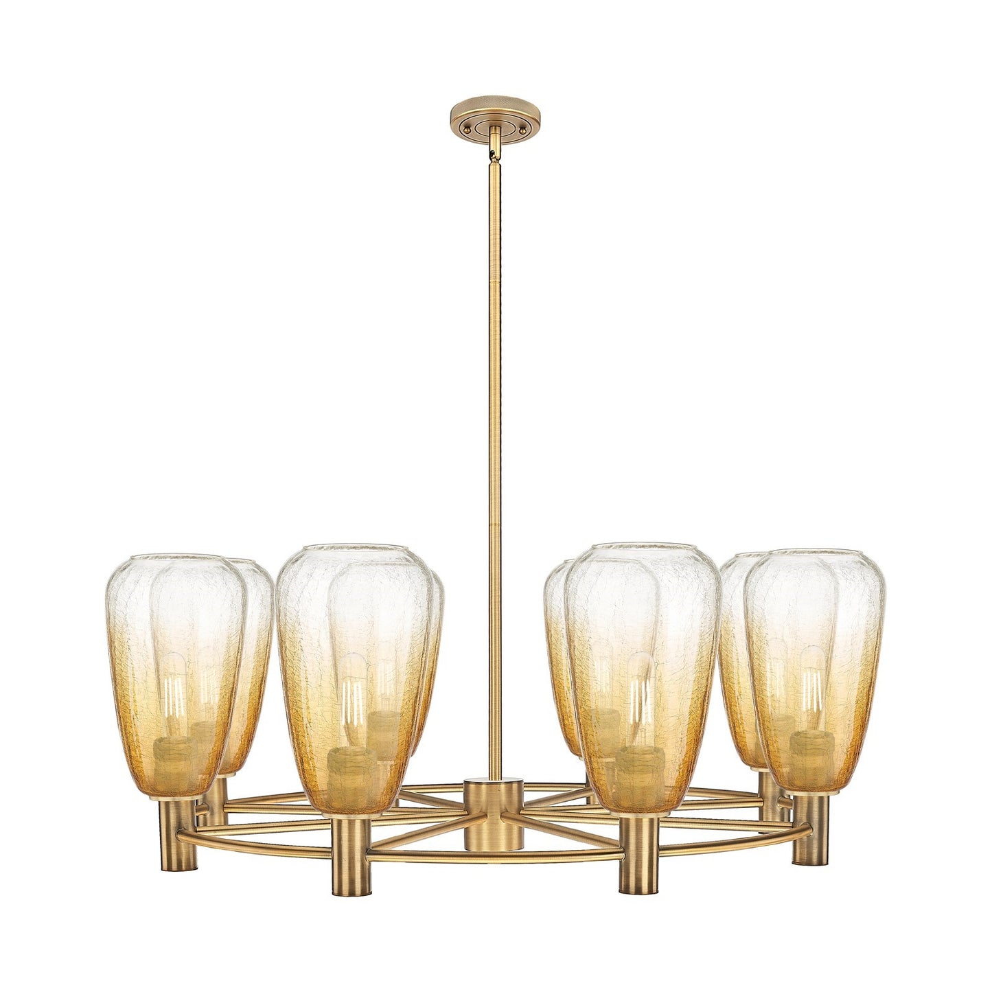 Innovations Brookhaven Almond 36in 8-Light Chandelier | Industrial Brushed Brass and Amber Glass | Dining Room & Foyer | Model 434-8CR-BB-G480-6AM