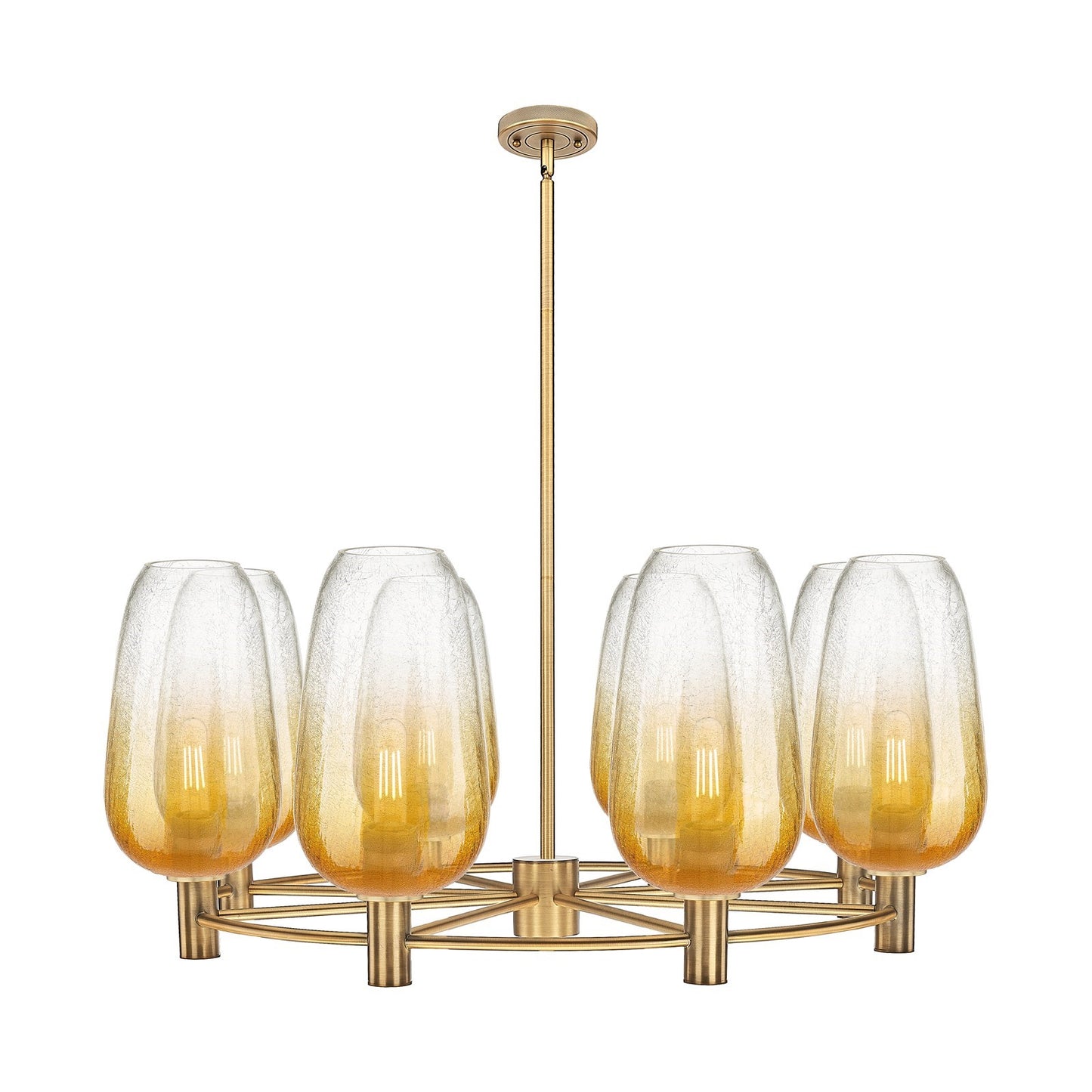 Innovations Brookhaven Flute 37in 8-Light Chandelier | Industrial Brushed Brass and Amber Glass | Dining Room & Foyer | Model 434-8CR-BB-G484-7AM