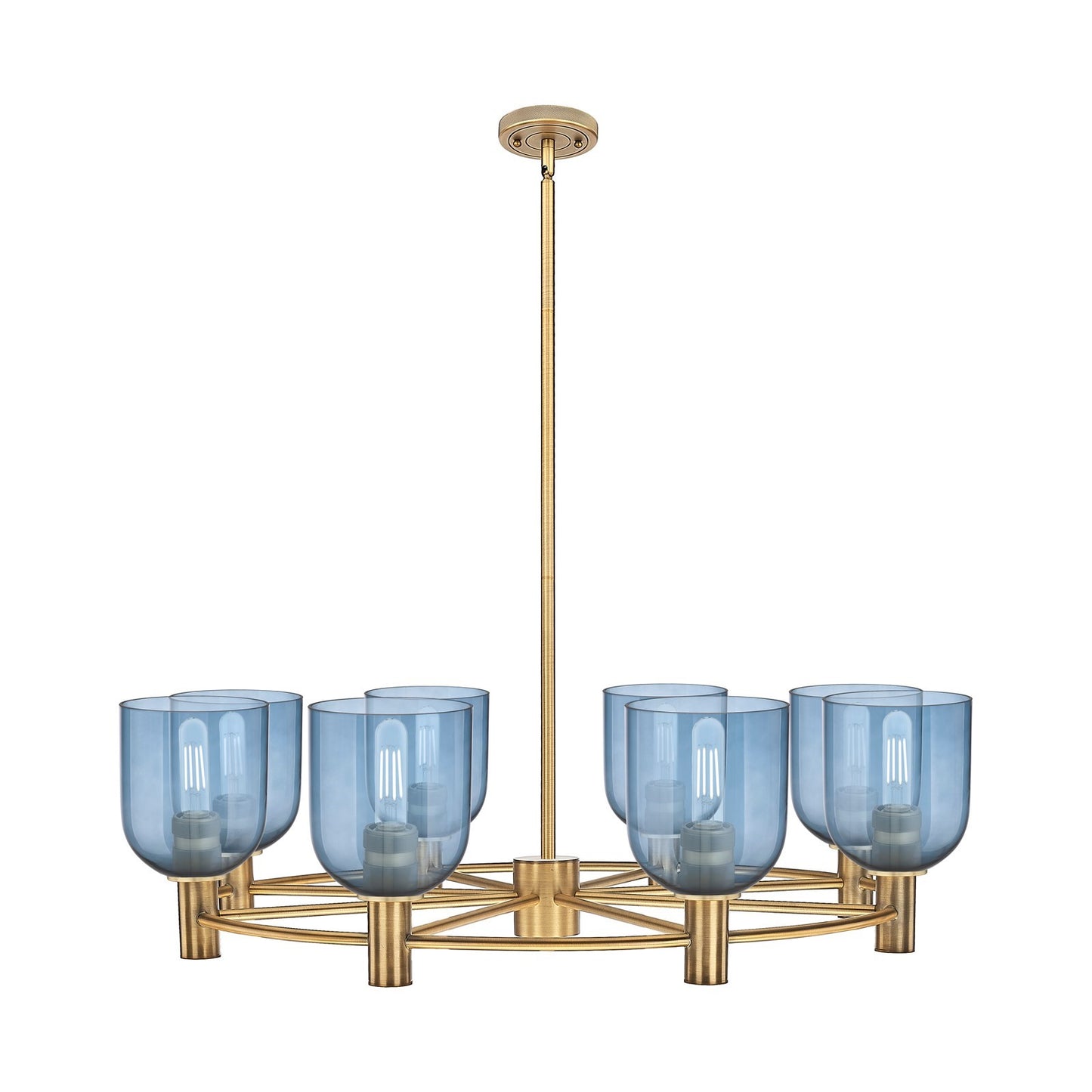 Innovations Bella 35in 8-Light Chandelier | Industrial Brushed Brass and Blue Glass | Dining Room & Kitchen Island | Model 434-8CR-BB-G558-6BL