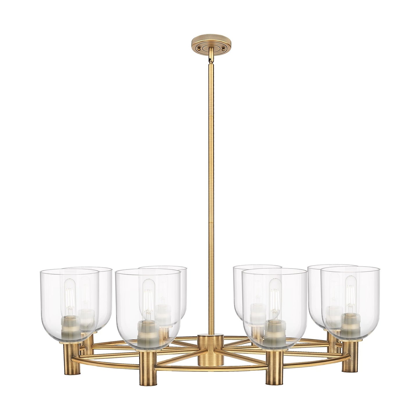 Innovations Bella 35in 8-Light Chandelier | Industrial Brushed Brass and Clear Glass | Dining Room & Kitchen Island | Model 434-8CR-BB-G558-6CL