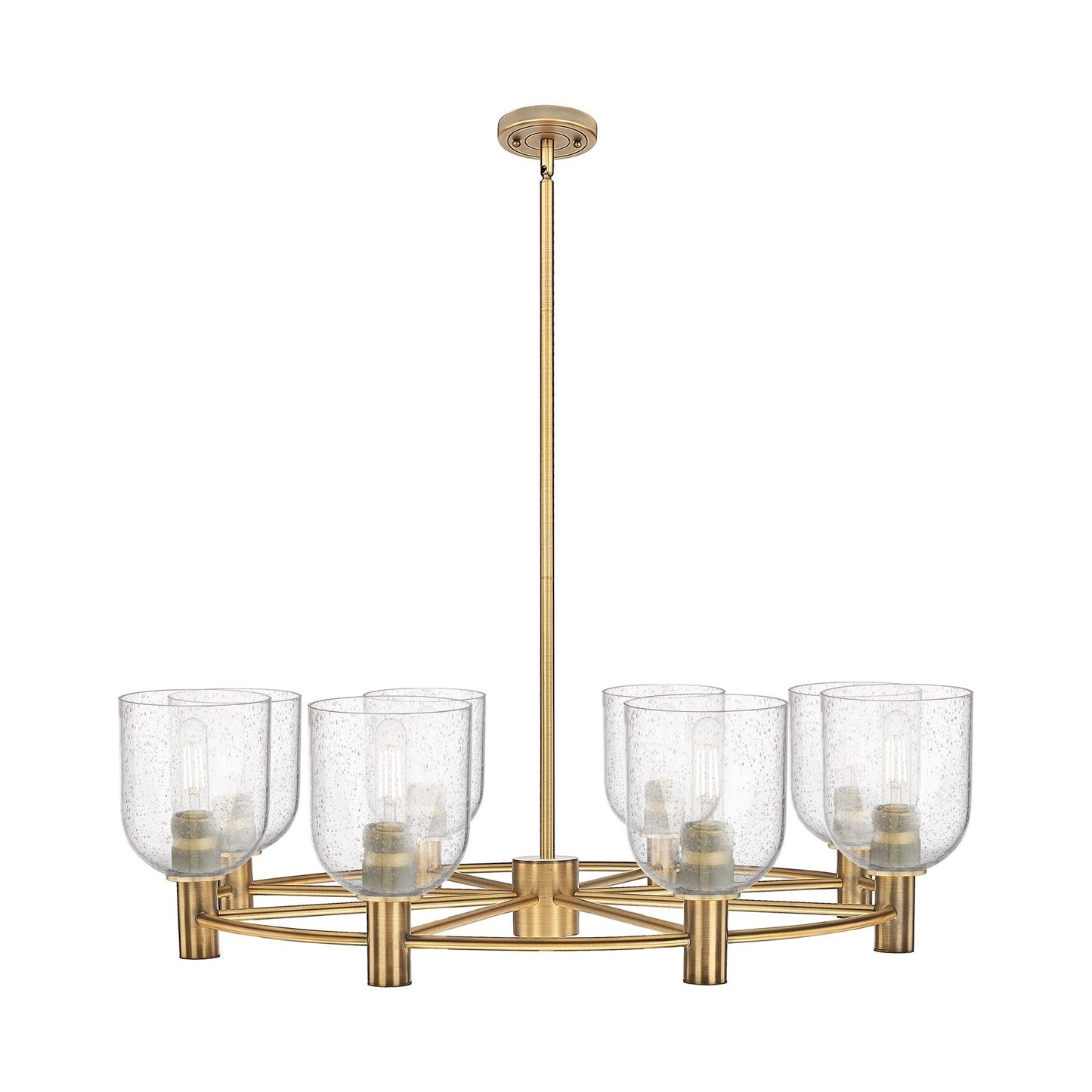 Innovations Bella 35in 8-Light Chandelier | Industrial Brushed Brass and Seedy Glass | Dining Room & Kitchen Island | Model 434-8CR-BB-G558-6SDY