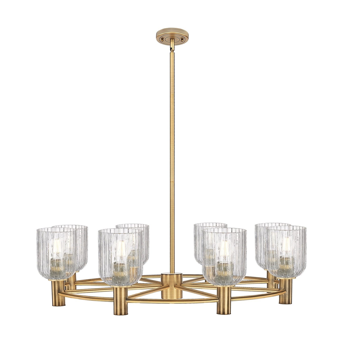 Innovations Crown Point 35in 8-Light Chandelier | Industrial Brushed Brass and Clear Glass | Dining Room & Kitchen Island | Model 434-8CR-BB-G559-5CL
