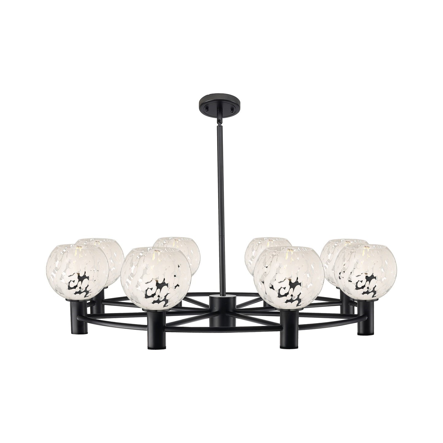 Innovations White Mouchette 36in 8-Light Chandelier | Industrial Matte Black and White Glass | Dining Room & Kitchen | Model 434-8CR-BK-G1216-6WM