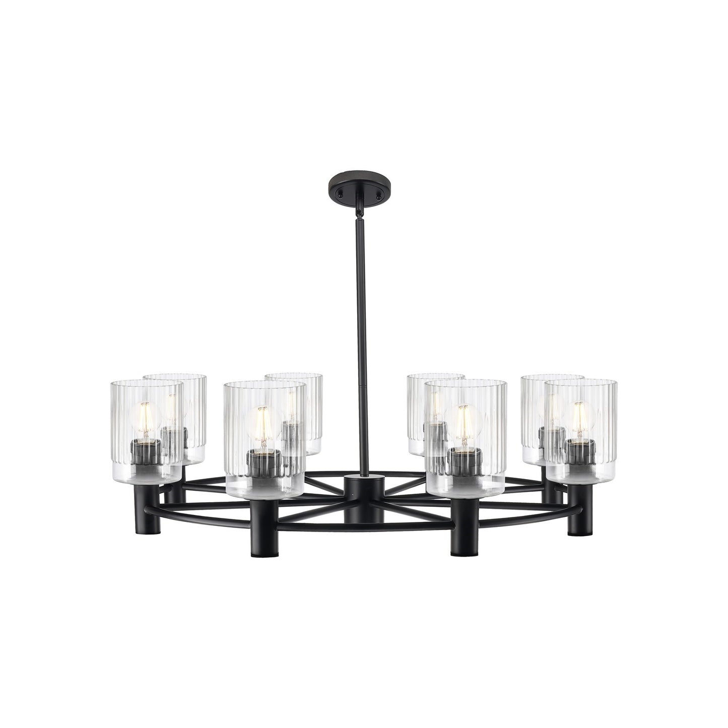 Innovations Hadley 34in 8-Light Chandelier | Industrial Matte Black and Clear Ribbed Glass | Dining Room & Living Room | Model 434-8CR-BK-G342