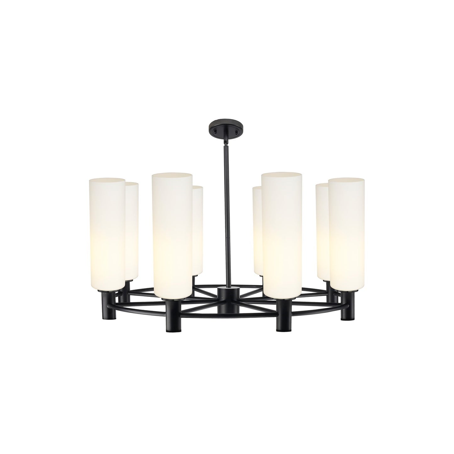 Innovations Crown Point 32in 8-Light Chandelier | Industrial Matte Black and White Frosted Glass | Dining Room & Kitchen | Model 434-8CR-BK-G434-12WH