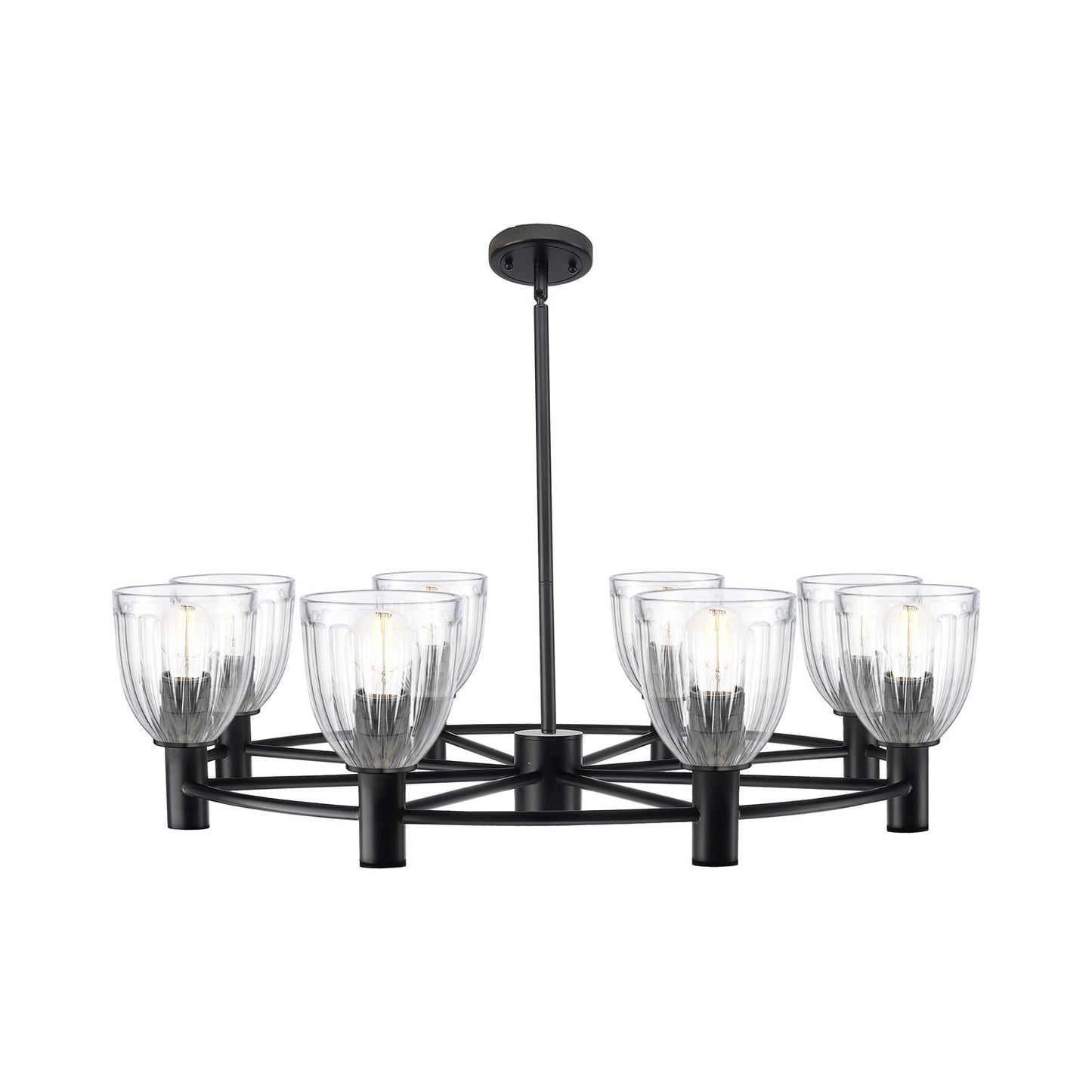 Innovations Brookfield 35in 8-Light Chandelier | Industrial Matte Black and Clear Ribbed Glass | Dining Room & Kitchen Island | Model 434-8CR-BK-G442