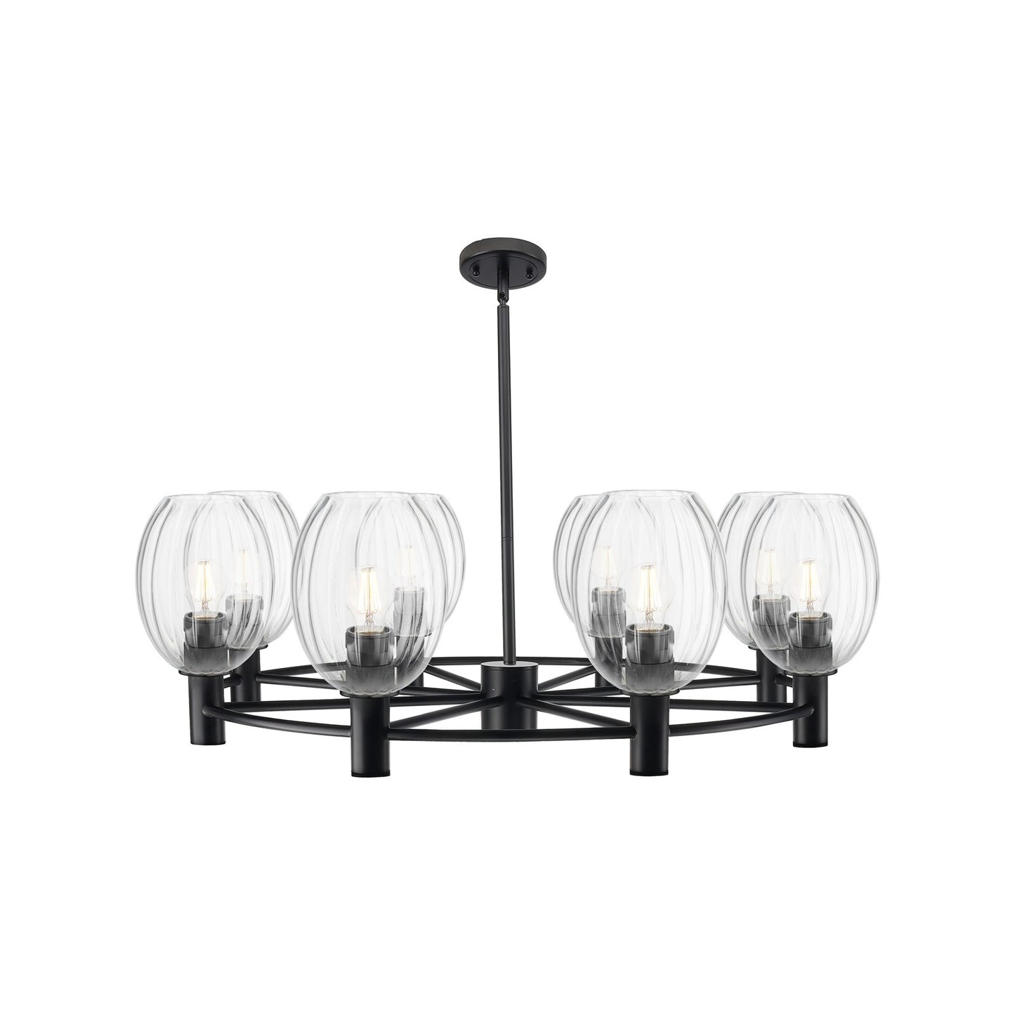 Innovations Preston Bulb 36in 8-Light Chandelier | Industrial Matte Black and Clear Glass | Dining Room & Kitchen Island | Model 434-8CR-BK-G459-6CL