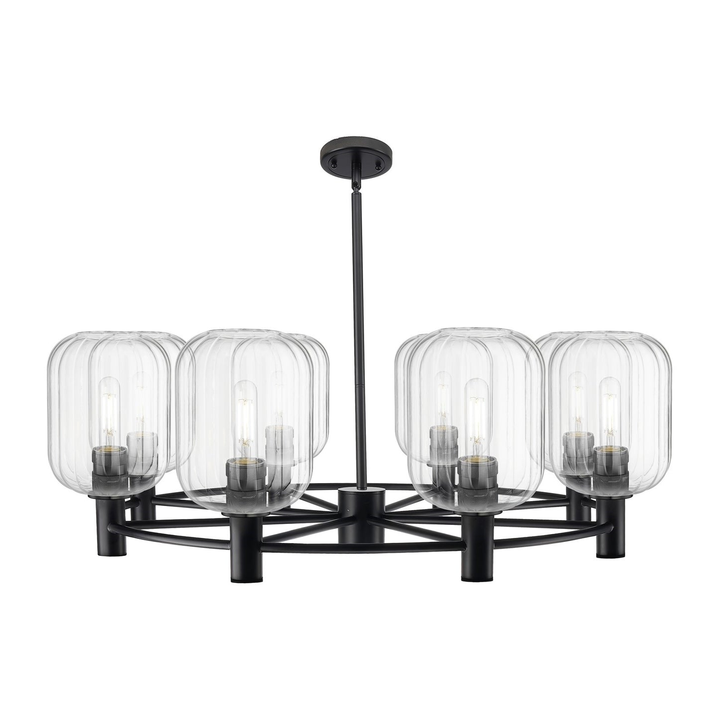 Innovations Preston Cylinder 36in 8-Light Chandelier | Industrial Matte Black and Clear Glass | Dining Room & Kitchen | Model 434-8CR-BK-G460-7CL