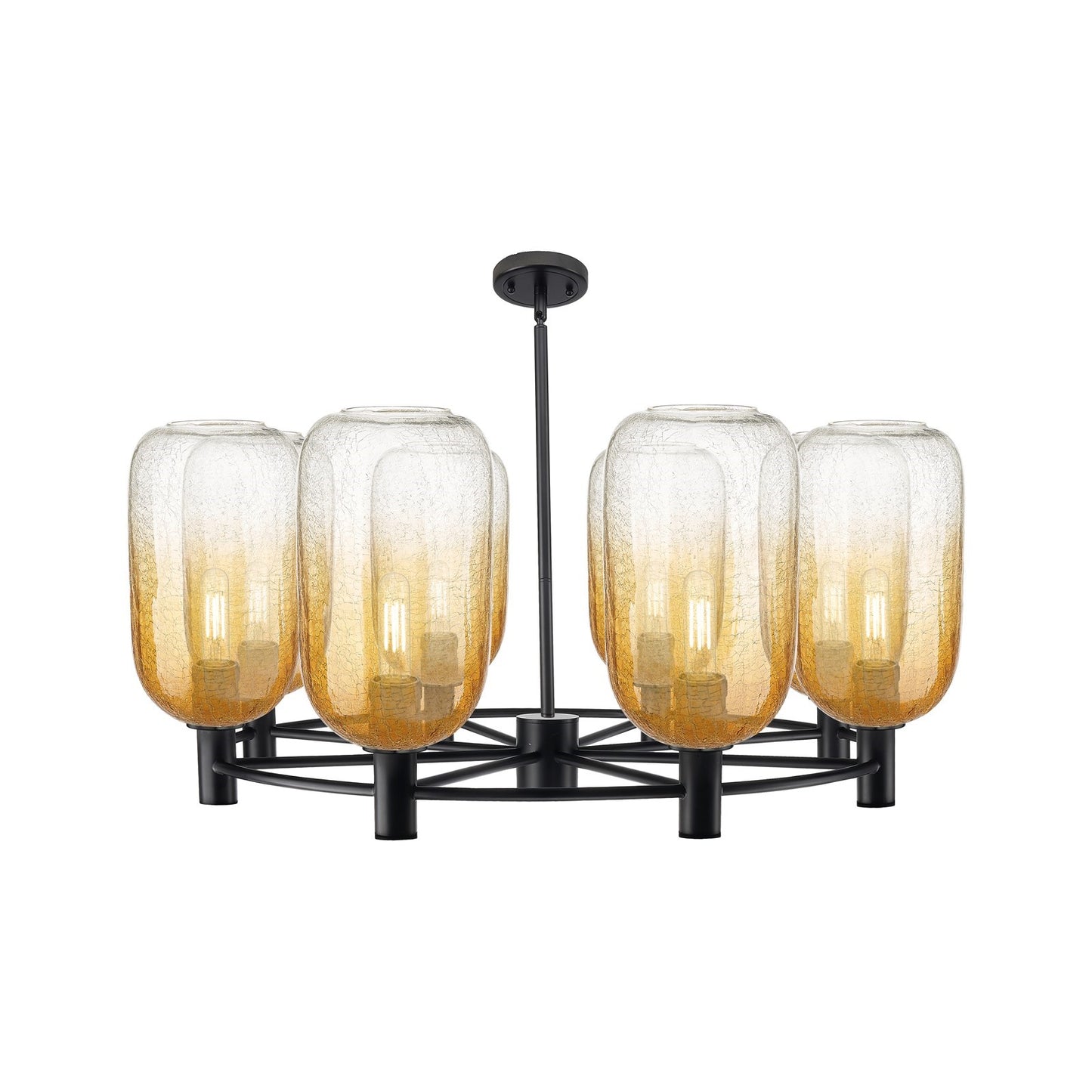 Innovations Brookhaven Cloche 37in 8-Light Chandelier | Industrial Matte Black and Amber Glass | Dining Room & Foyer | Model 434-8CR-BK-G482-7AM
