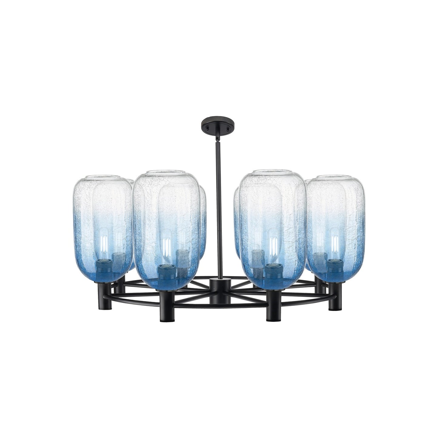 Innovations Brookhaven Cloche 37in 8-Light Chandelier | Industrial Matte Black and Sapphire Blue Glass | Dining Room | Model 434-8CR-BK-G482-7SB