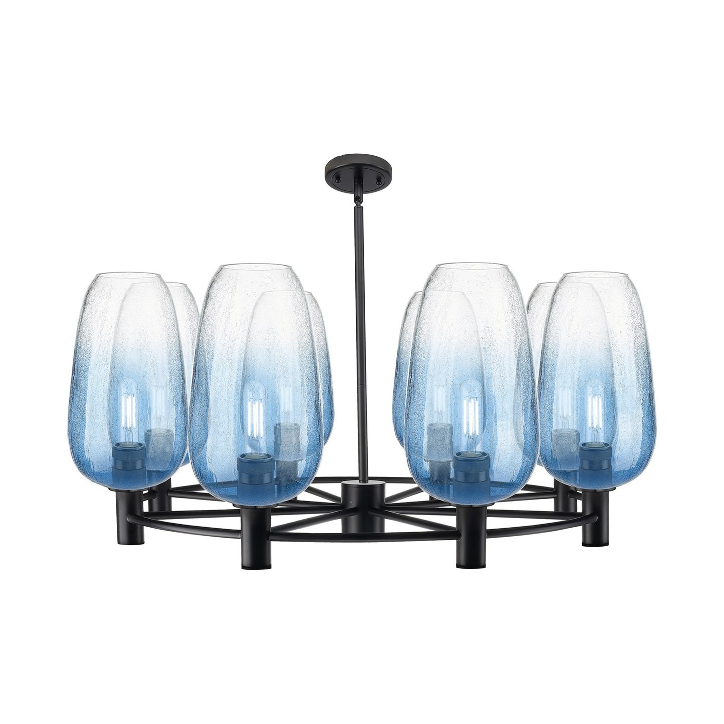 Innovations Brookhaven Flute 37in 8-Light Chandelier | Industrial Matte Black and Sapphire Blue Glass | Dining Room | Model 434-8CR-BK-G484-7SB