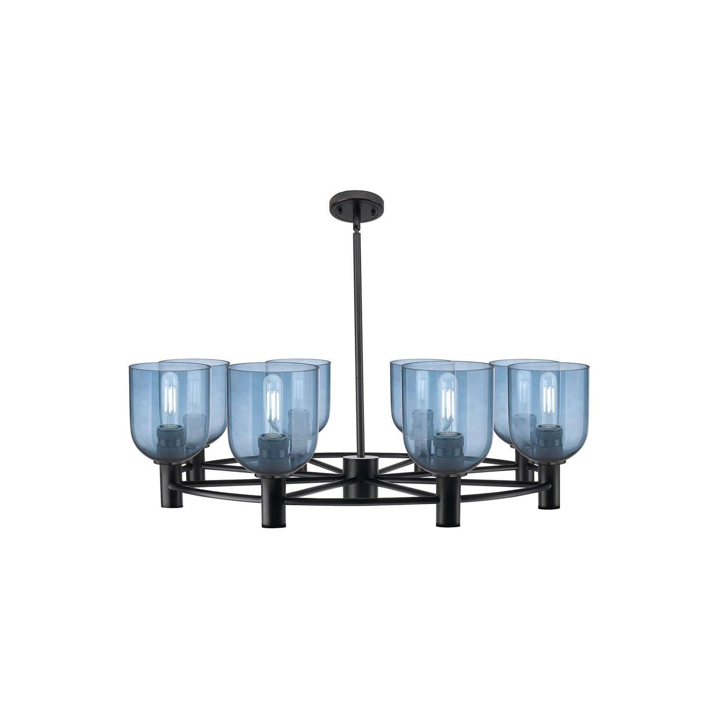 Innovations Bella 35in 8-Light Chandelier | Industrial Matte Black and Blue Glass | Dining Room & Kitchen Island | Model 434-8CR-BK-G558-6BL