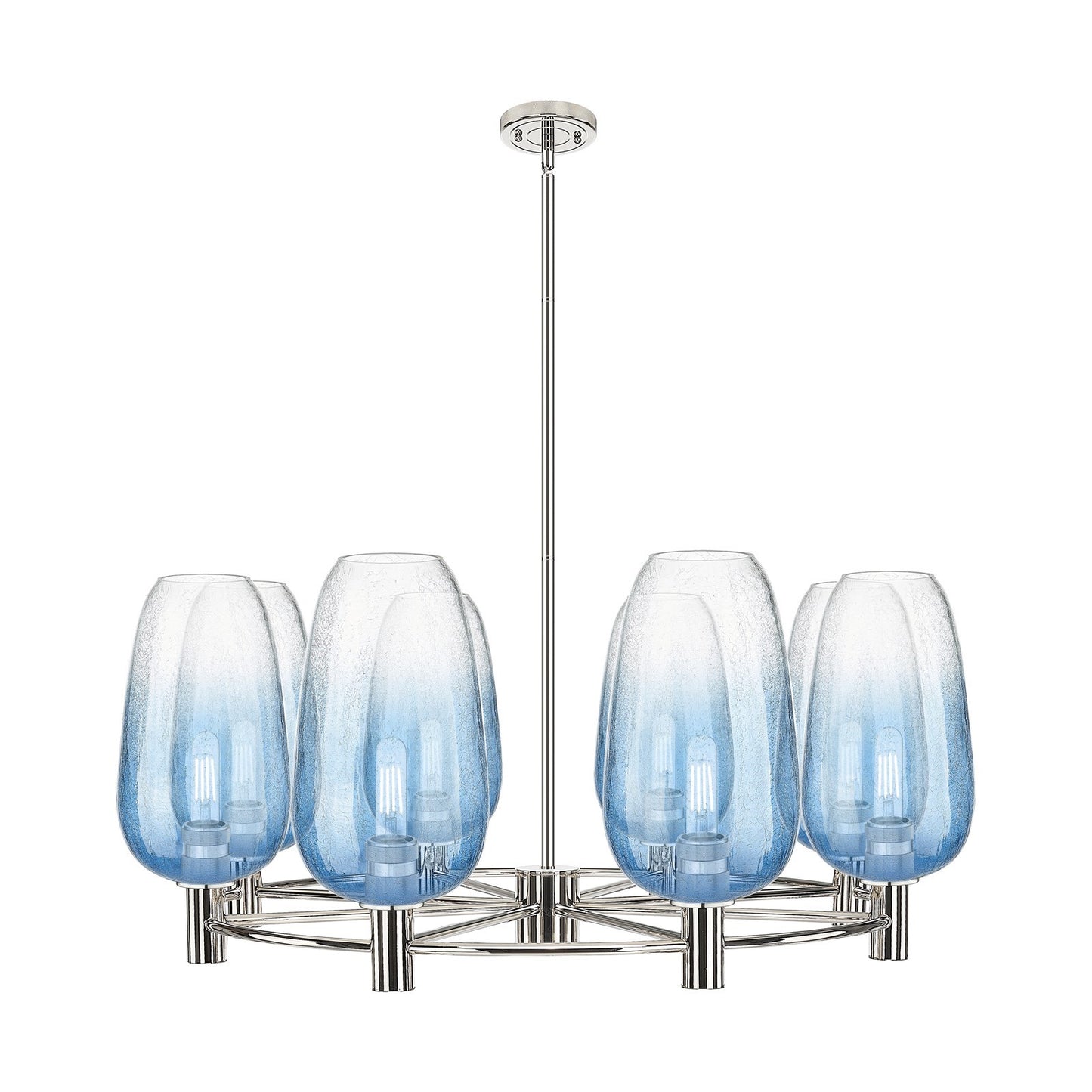 Innovations Brookhaven Flute 37in 8-Light Chandelier | Industrial Polished Nickel and Sapphire Blue Glass | Dining Room | Model 434-8CR-PN-G484-7SB