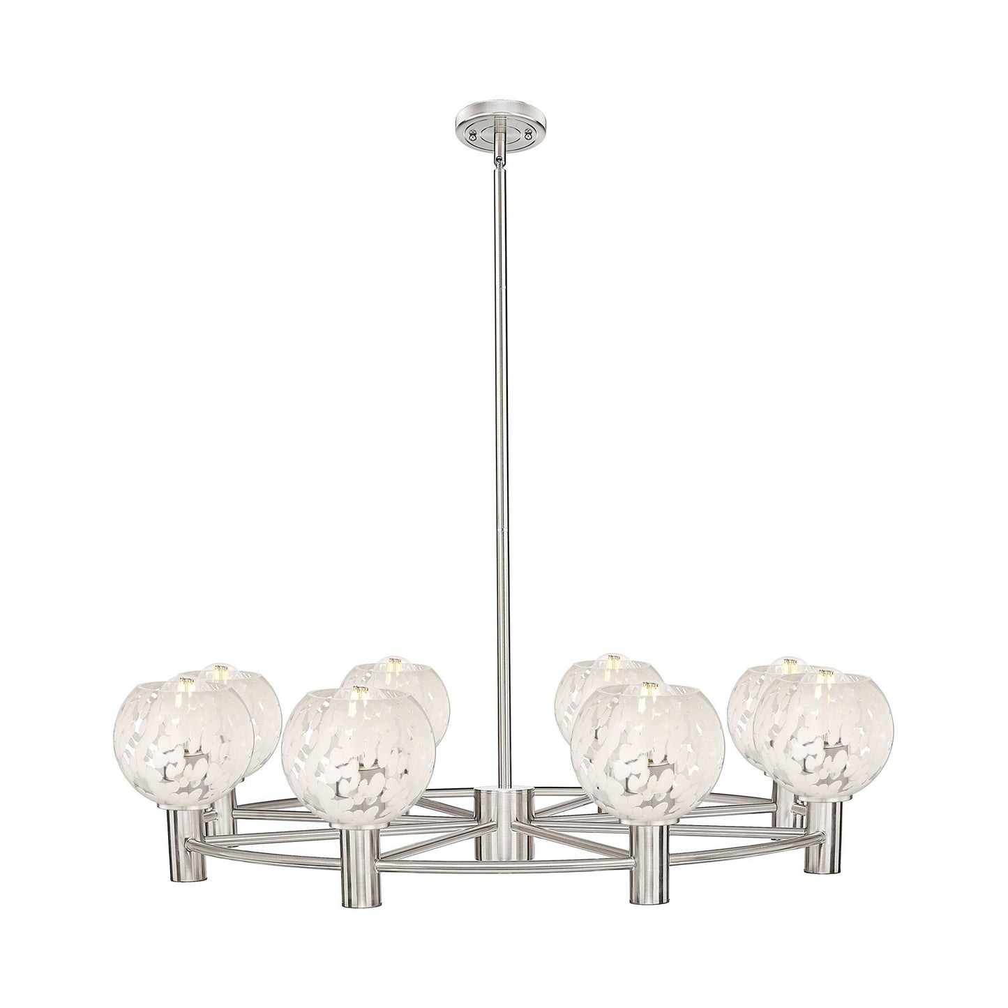 Innovations White Mouchette 36in 8-Light Chandelier | Industrial Satin Nickel and White Glass | Dining Room & Foyer | Model 434-8CR-SN-G1216-6WM