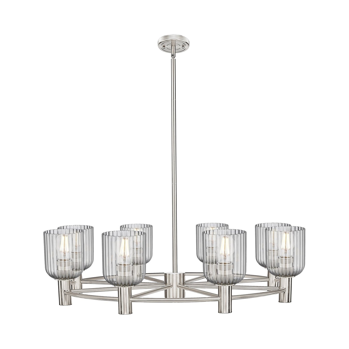 Innovations Crown Point 35in 8-Light Chandelier | Industrial Satin Nickel and Light Smoke Glass | Dining Room & Foyer | Model 434-8CR-SN-G559-5SM