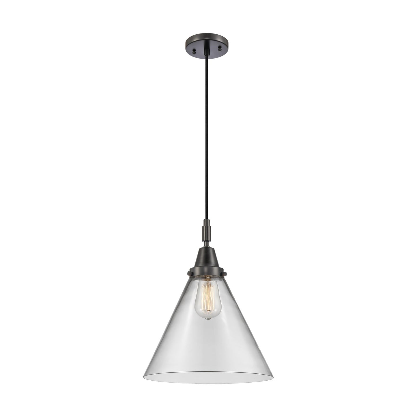 Innovations Cone 12in 1-Light Mini Pendant | Industrial Matte Black and Clear Glass | Kitchen Island & Dining Room | Model 447-1P-BK-G42-L
