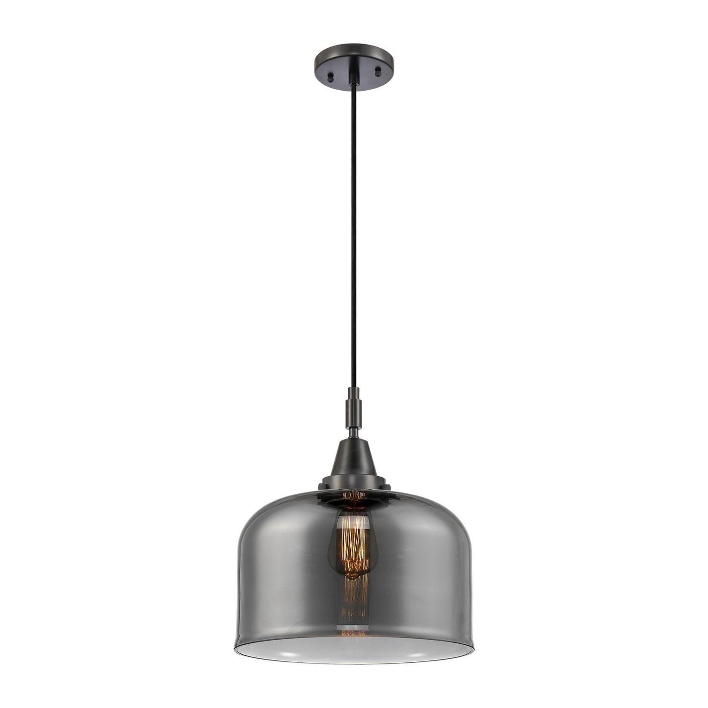 Innovations Bell 12in 1-Light Mini Pendant | Industrial Matte Black and Light Smoke Glass | Kitchen Island & Dining Room | Model 447-1P-BK-G73-L