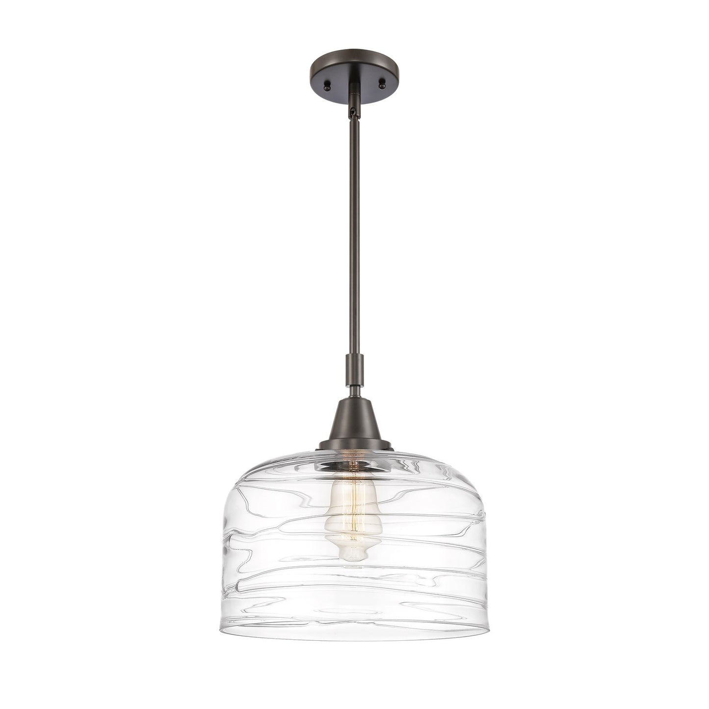 Innovations Lighting Bell 12in 1-Light Mini Pendant | Industrial Oil Rubbed Bronze Steel and Clear Deco Swirl Glass | Kitchen | Model 447-1S-OB-G713-L-LED