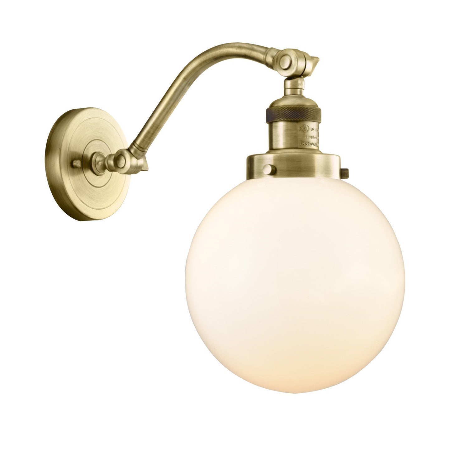 Innovations Beacon 8in 1-Light LED Wall Sconce | Industrial Antique Brass and Matte White Glass | Bedroom & Hallway | Model 515-1W-AB-G201-8-LED