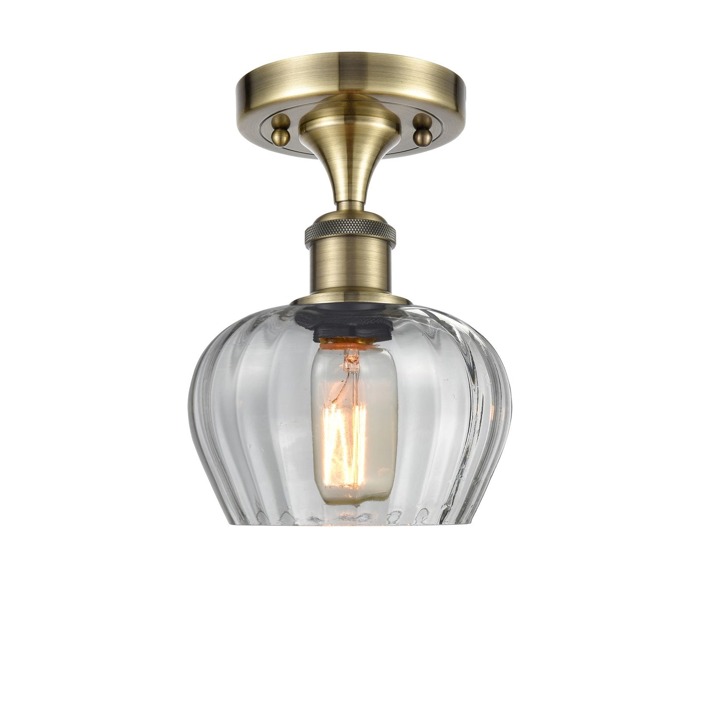 Innovations Fenton 6.5in 1-Light Semi-Flush Mount | Industrial Antique Brass and Clear Ribbed Glass | Entryway & Hallway | Model 516-1C-AB-G92