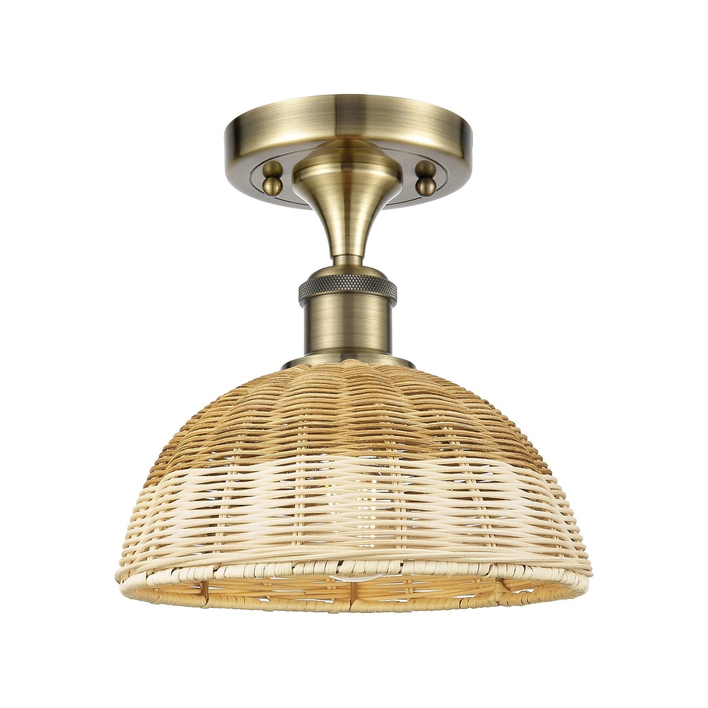 Innovations Bristol Natural II 9in 1-Light Semi-Flush | Industrial Antique Brass and Natural Fiber Dome Shade | Hallway | Model 516-1C-AB-NBD2-9-NAT