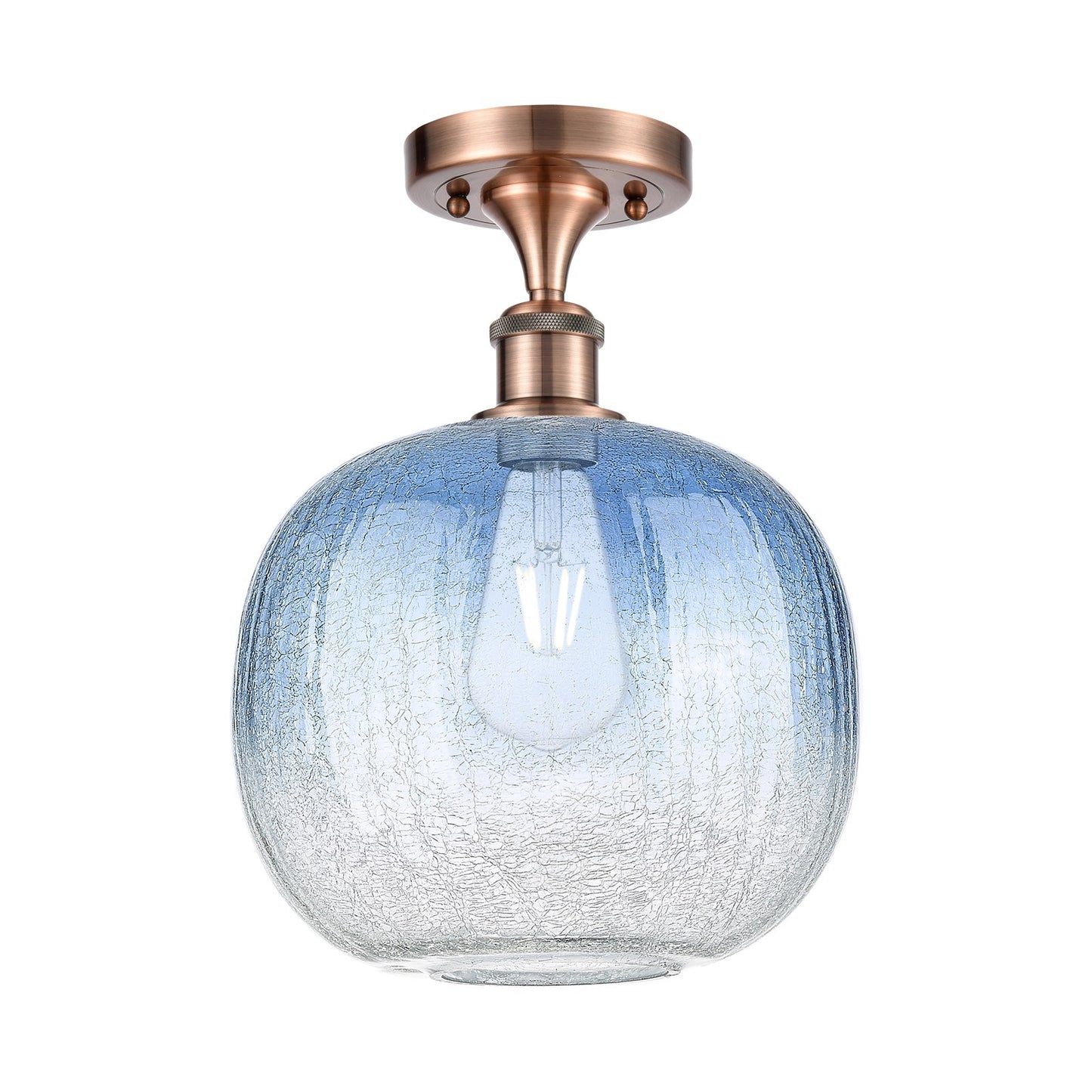 Innovations Brookhaven Sphere 10.5in 1-Light Semi-Flush | Industrial Antique Copper and Sapphire Blue Glass | Hallway | Model 516-1C-AC-G481-10SB