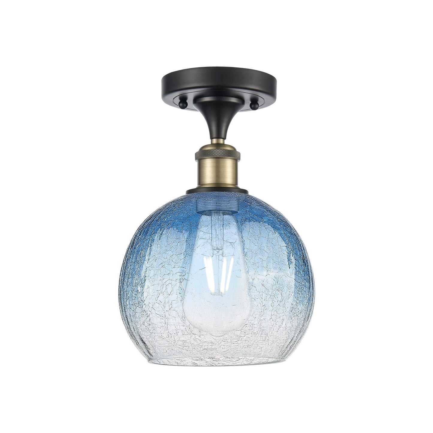 Innovations Brookhaven Globe 8in 1-Light Semi-Flush | Industrial Black Antique Brass and Sapphire Blue Glass | Hallway | Model 516-1C-BAB-G483-8SB