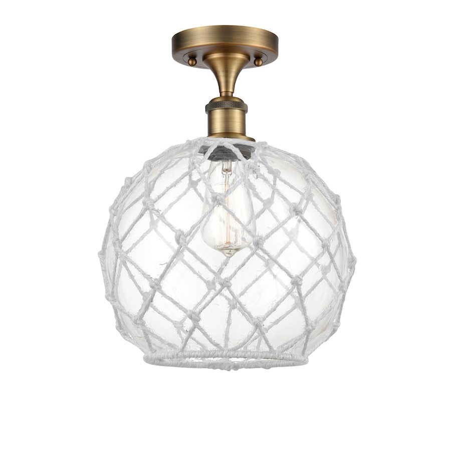 Innovations Ballston 10in 1-Light Semi-Flush Mount | Industrial Brushed Brass Steel and Clear Glass with White Rope | Model 516-1C-BB-G122-10RW-LED