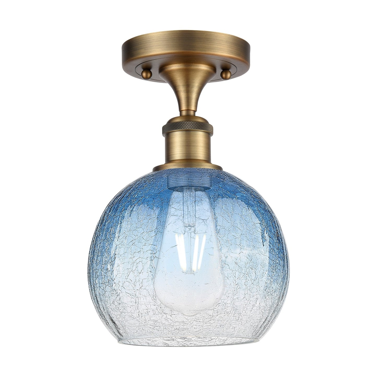 Innovations Brookhaven Globe 7.88in 1-Light Semi-Flush | Industrial Brushed Brass and Sapphire Blue Glass | Kitchen | Model 516-1C-BB-G483-8SB