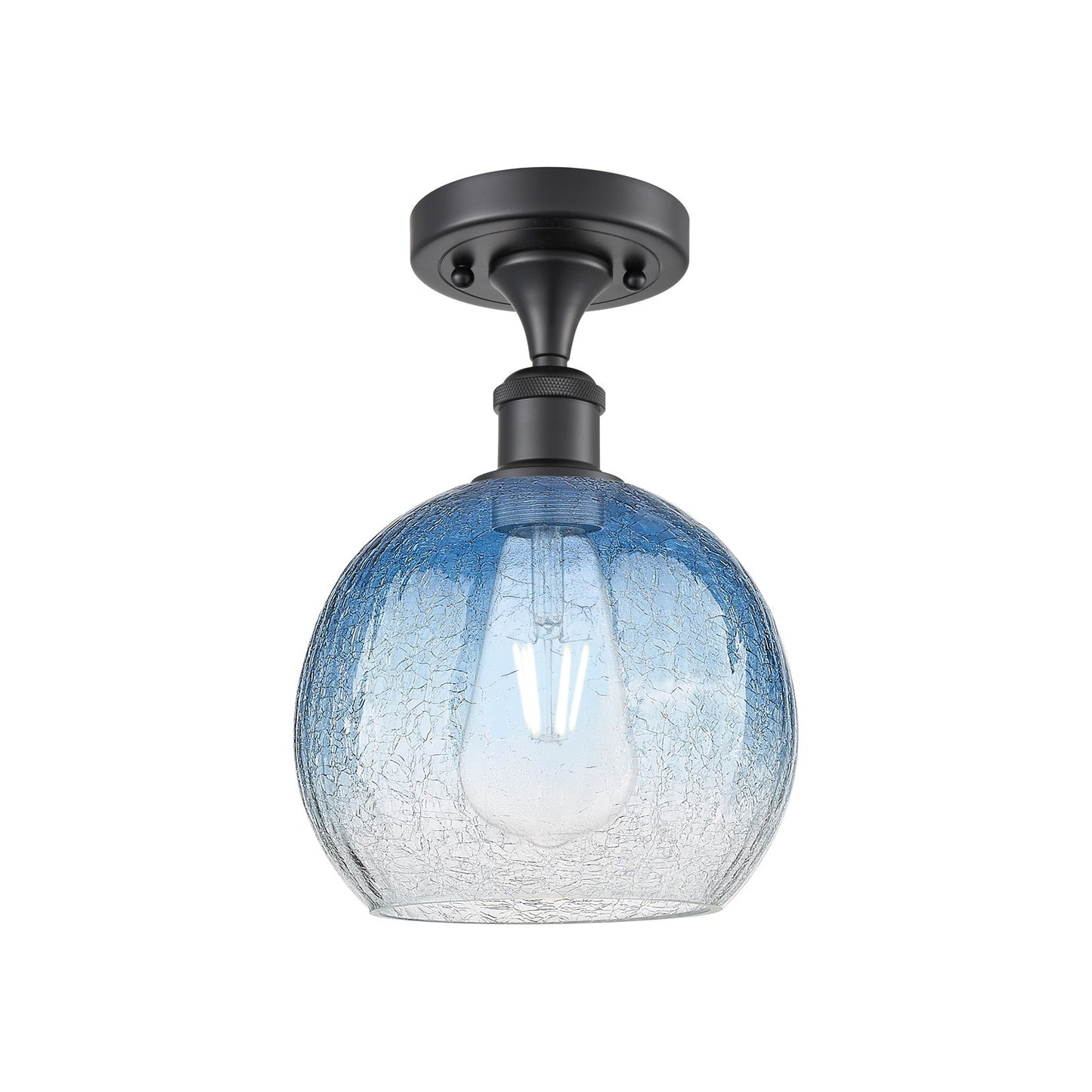 Innovations Brookhaven Globe 7.88in 1-Light Semi-Flush | Industrial Matte Black and Sapphire Blue Glass | Kitchen | Model 516-1C-BK-G483-8SB
