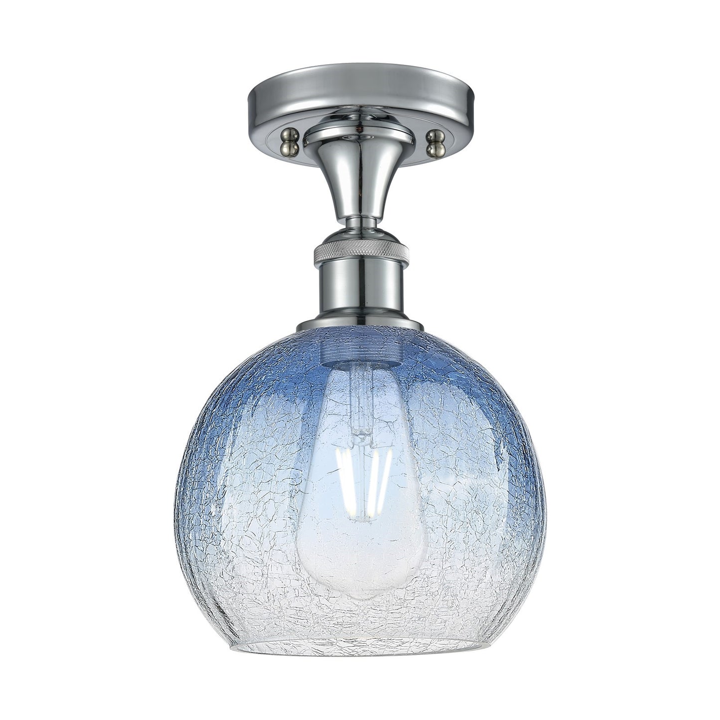 Innovations Brookhaven Globe 8in 1-Light Semi-Flush | Industrial Polished Chrome and Sapphire Blue Glass | Hallway | Model 516-1C-PC-G483-8SB