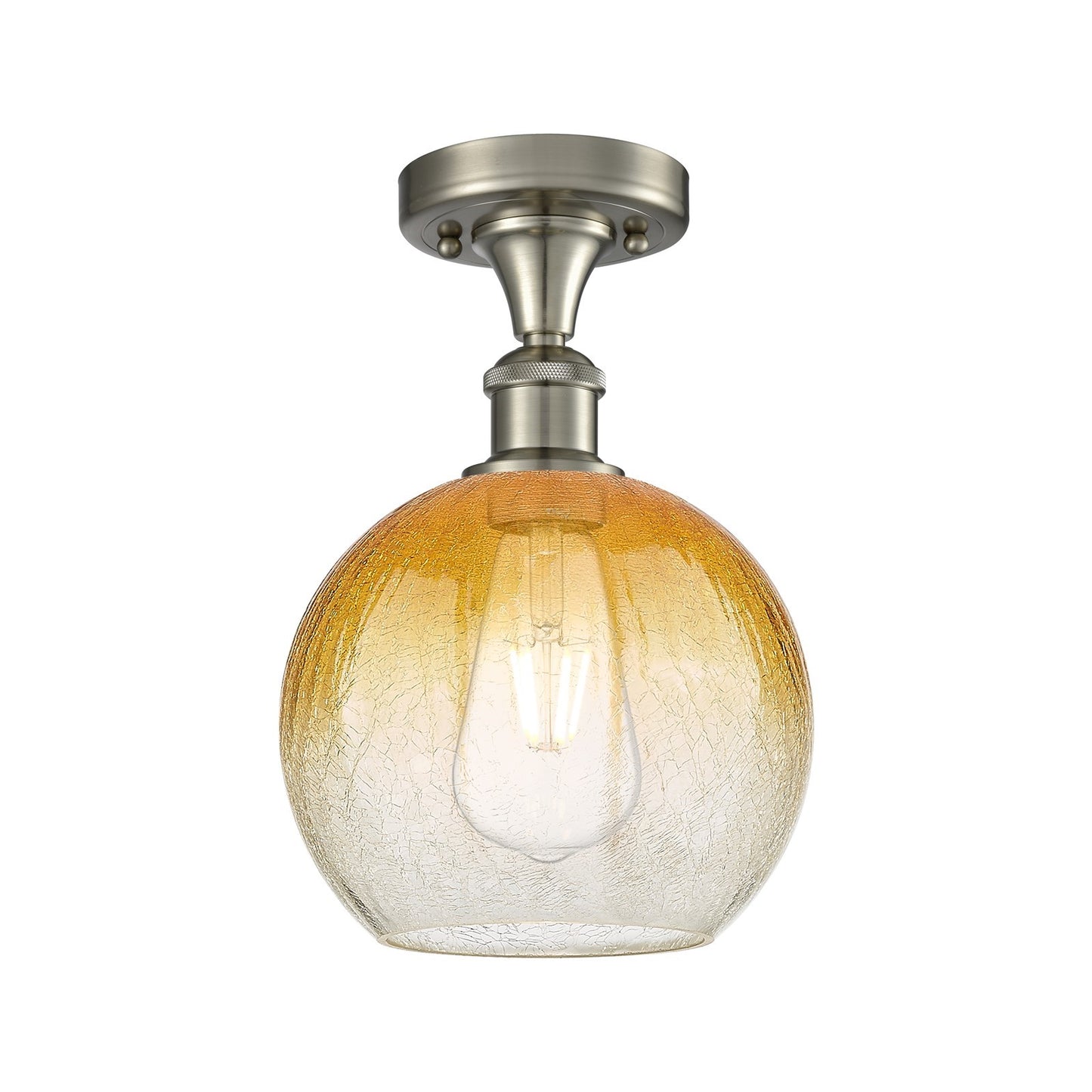 Innovations Brookhaven Globe 7.88in 1-Light Semi-Flush | Industrial Brushed Satin Nickel and Amber Glass | Hallway | Model 516-1C-SN-G483-8AM