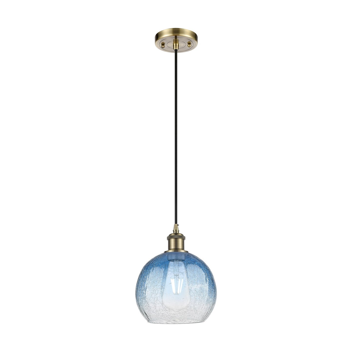 Innovations Brookhaven Globe 8in 1-Light Mini Pendant | Industrial Antique Brass and Sapphire Blue Glass | Kitchen Island | Model 516-1P-AB-G483-8SB