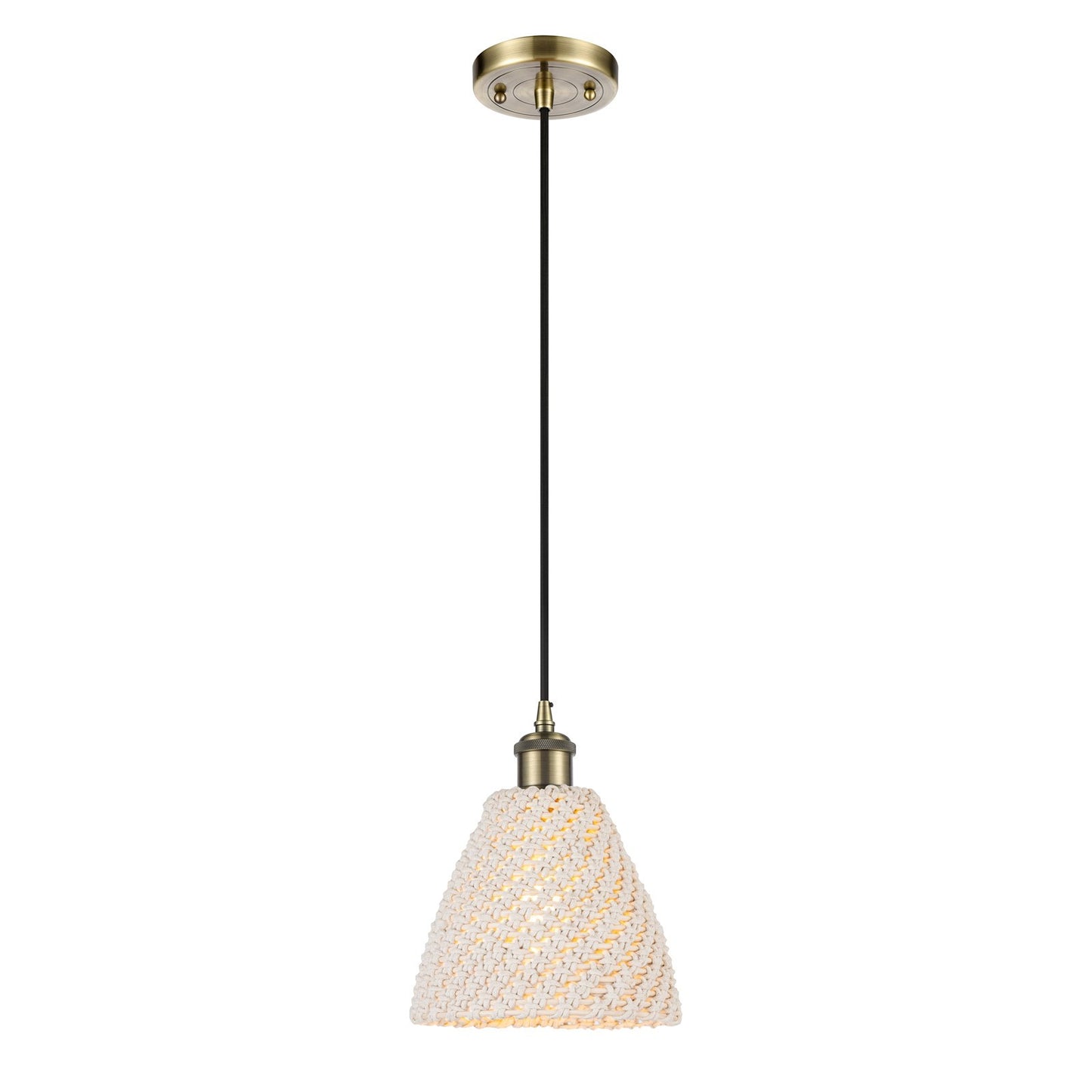 Innovations Bristol Natural 7.5in 1-Light Mini Pendant | Farmhouse Antique Brass and Natural Fiber Dome | Kitchen Island | Model 516-1P-AB-NBD-75-NAT