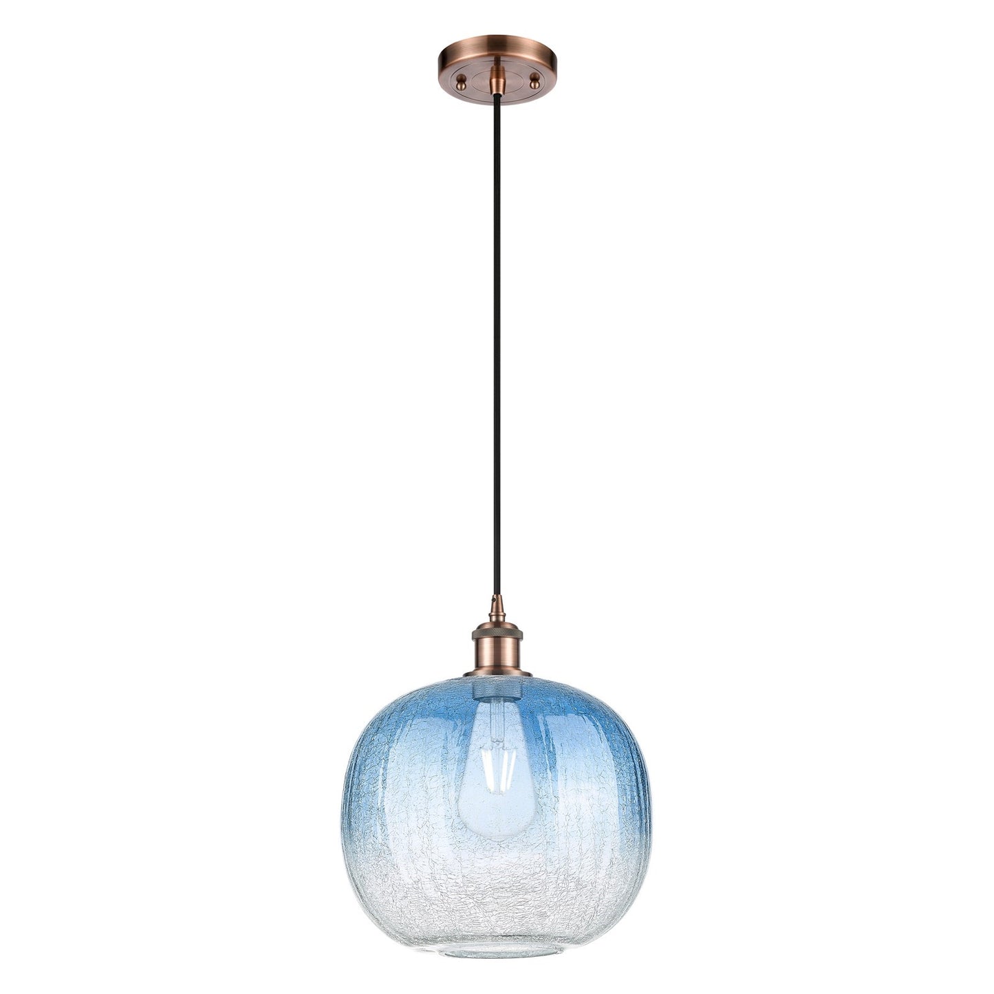 Innovations Brookhaven Sphere 10.5in 1-Light Mini Pendant | Industrial Antique Copper and Sapphire Blue Glass | Kitchen | Model 516-1P-AC-G481-10SB