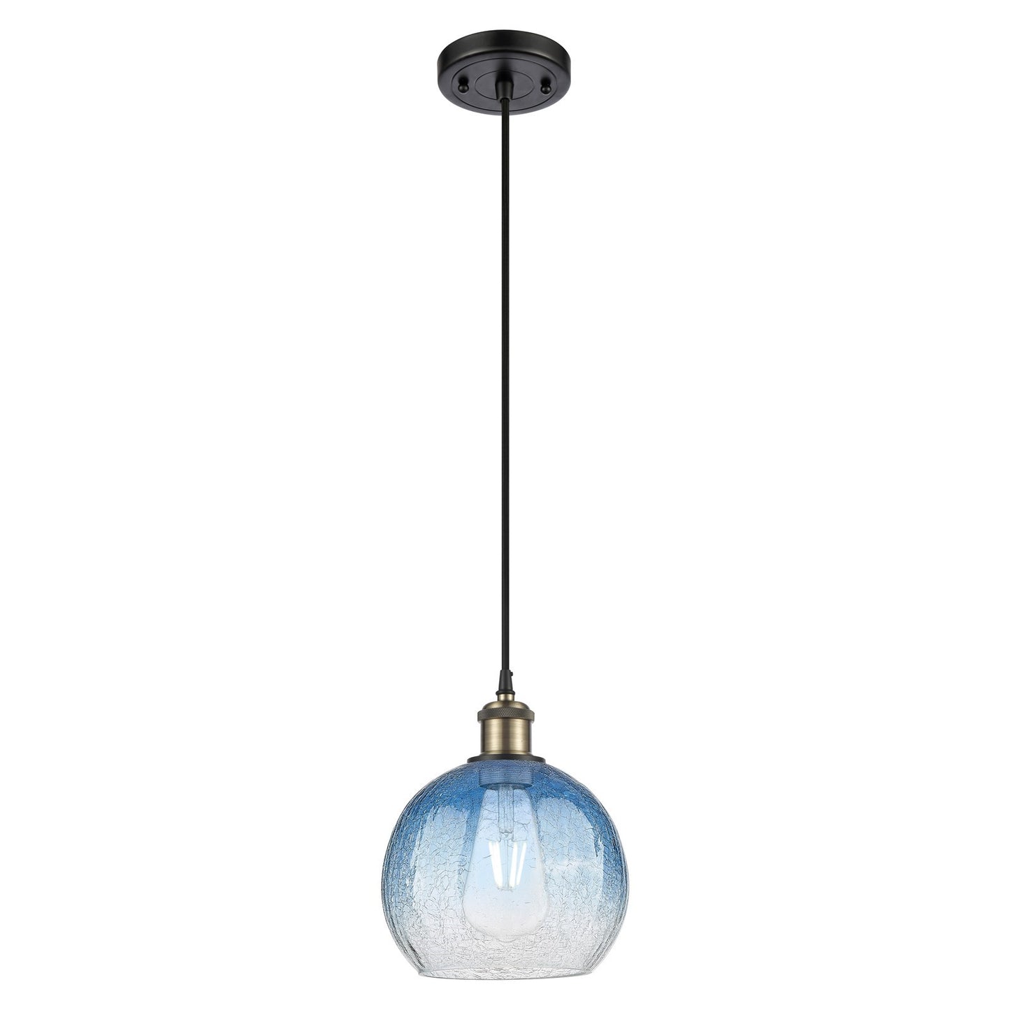 Innovations Brookhaven Globe 7.88in 1-Light Mini Pendant | Industrial Black Antique Brass and Sapphire Blue Glass | Model 516-1P-BAB-G483-8SB