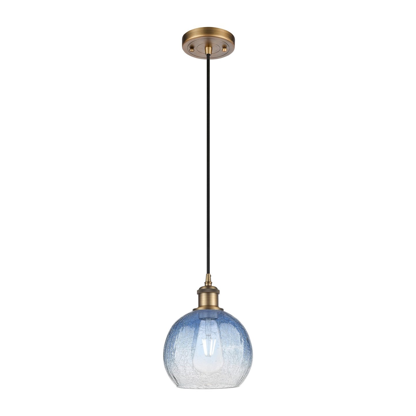 Innovations Brookhaven Globe 8in 1-Light Mini Pendant | Industrial Brushed Brass and Sapphire Blue Glass | Kitchen Island | Model 516-1P-BB-G483-8SB