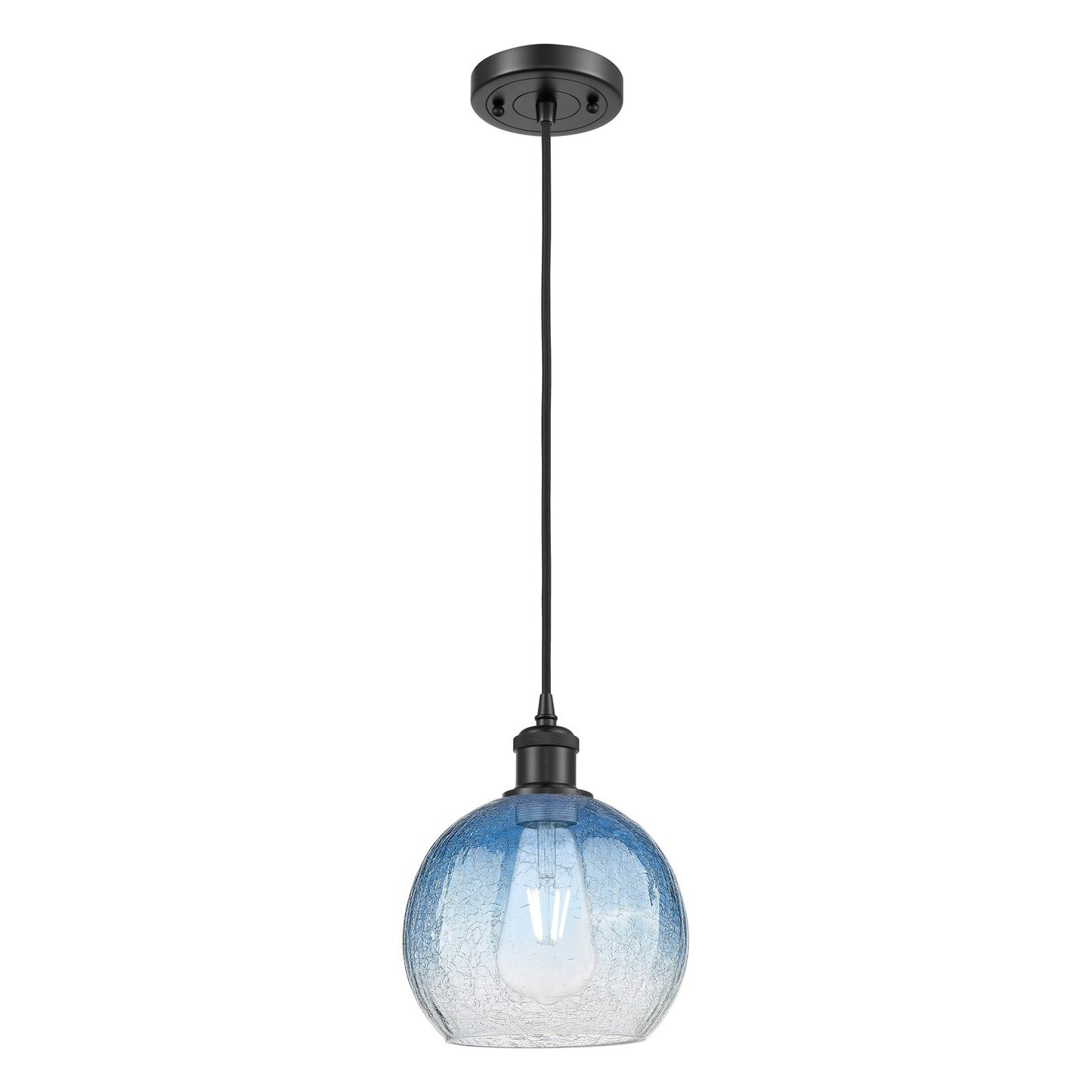 Innovations Brookhaven Globe 8in 1-Light Mini Pendant | Industrial Matte Black and Sapphire Blue Glass | Kitchen Island | Model 516-1P-BK-G483-8SB