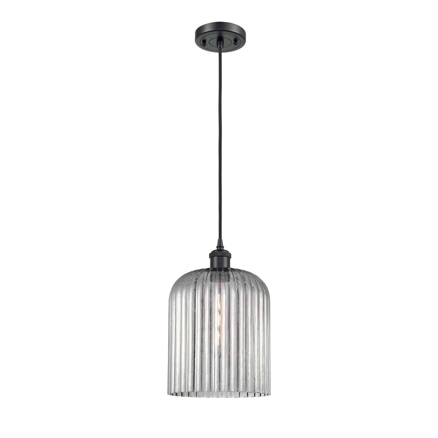 Innovations Bridal Veil 5in 1-Light Mini Pendant | Art Nouveau Matte Black and Light Smoke Ribbed Glass | Kitchen Island | Model 516-1P-BK-G559-8SM