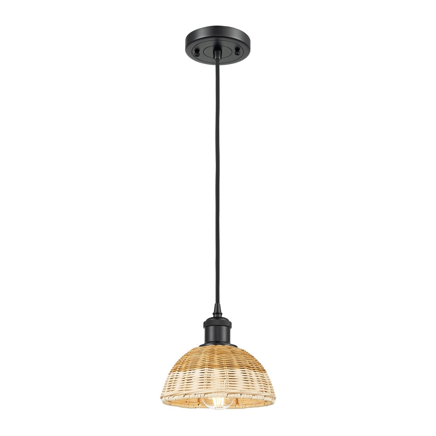 Innovations Bristol Natural II 7.5in 1-Light Mini Pendant | Industrial Matte Black and Natural Fiber Dome | Kitchen | Model 516-1P-BK-NBD2-75-NAT