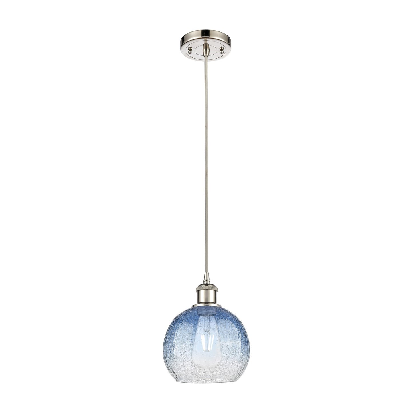 Innovations Brookhaven Globe 8in 1-Light Mini Pendant | Industrial Polished Nickel and Sapphire Blue Glass | Kitchen | Model 516-1P-PN-G483-8SB
